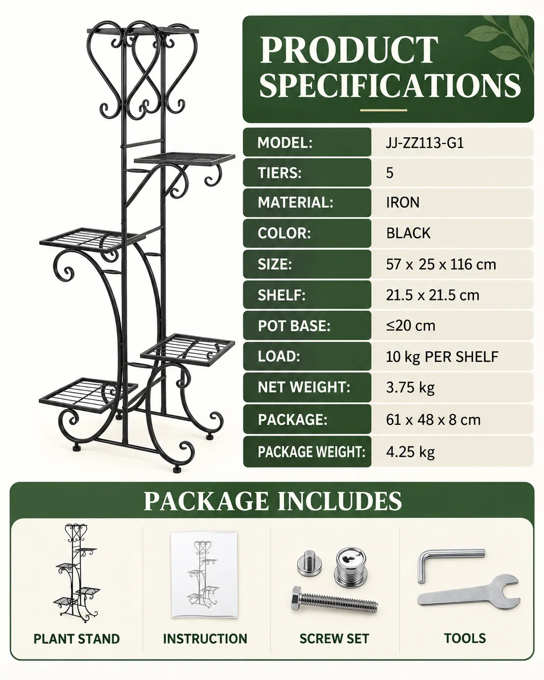5 Tier Metal Plant Rack with Adjustable Feet, Space-Saving Vertical Flower Stand for Indoor and Sheltered Outdoor Use