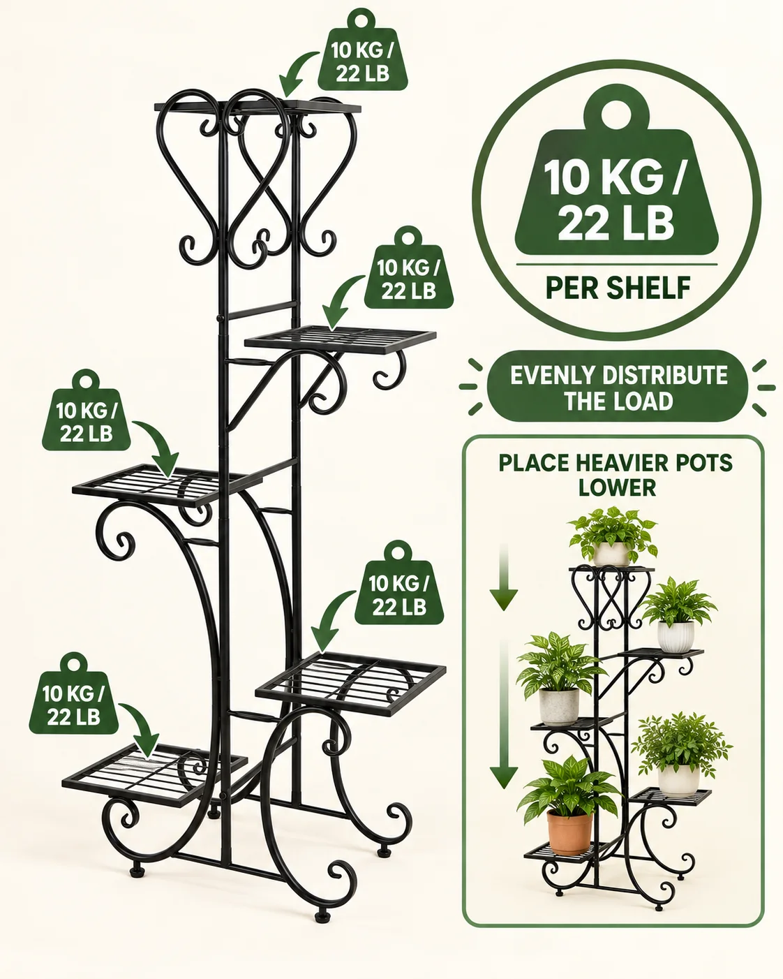 5 Tier Metal Plant Rack with Adjustable Feet, Space-Saving Vertical Flower Stand for Indoor and Sheltered Outdoor Use