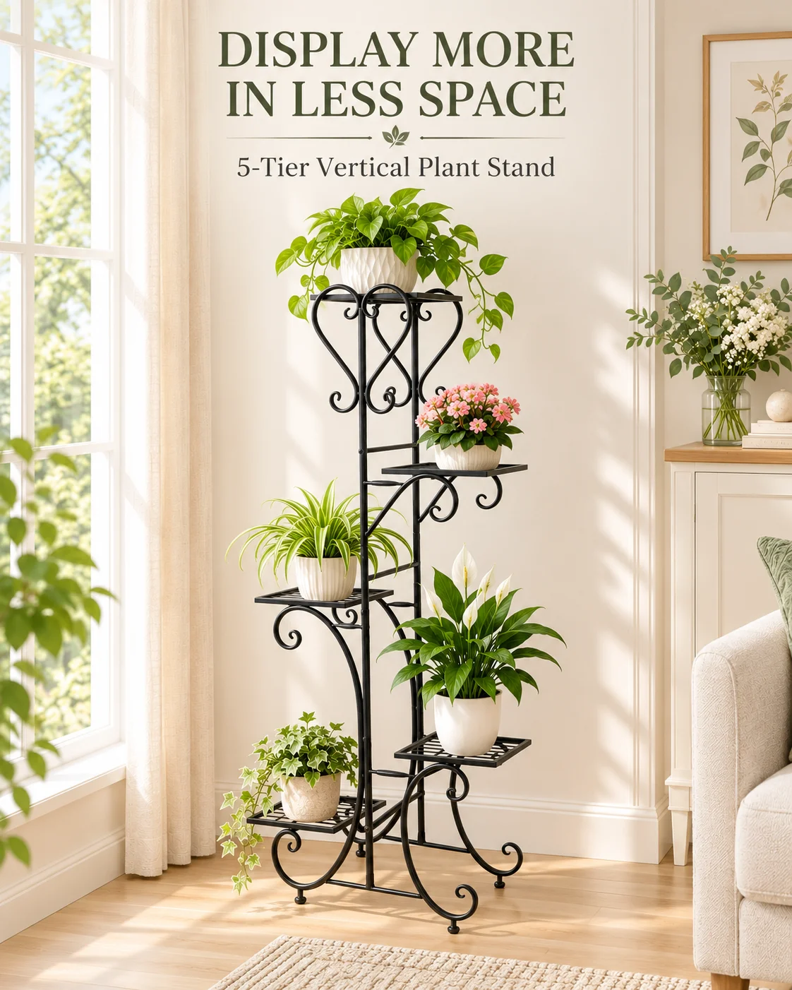 5 Tier Metal Plant Rack with Adjustable Feet, Space-Saving Vertical Flower Stand for Indoor and Sheltered Outdoor Use