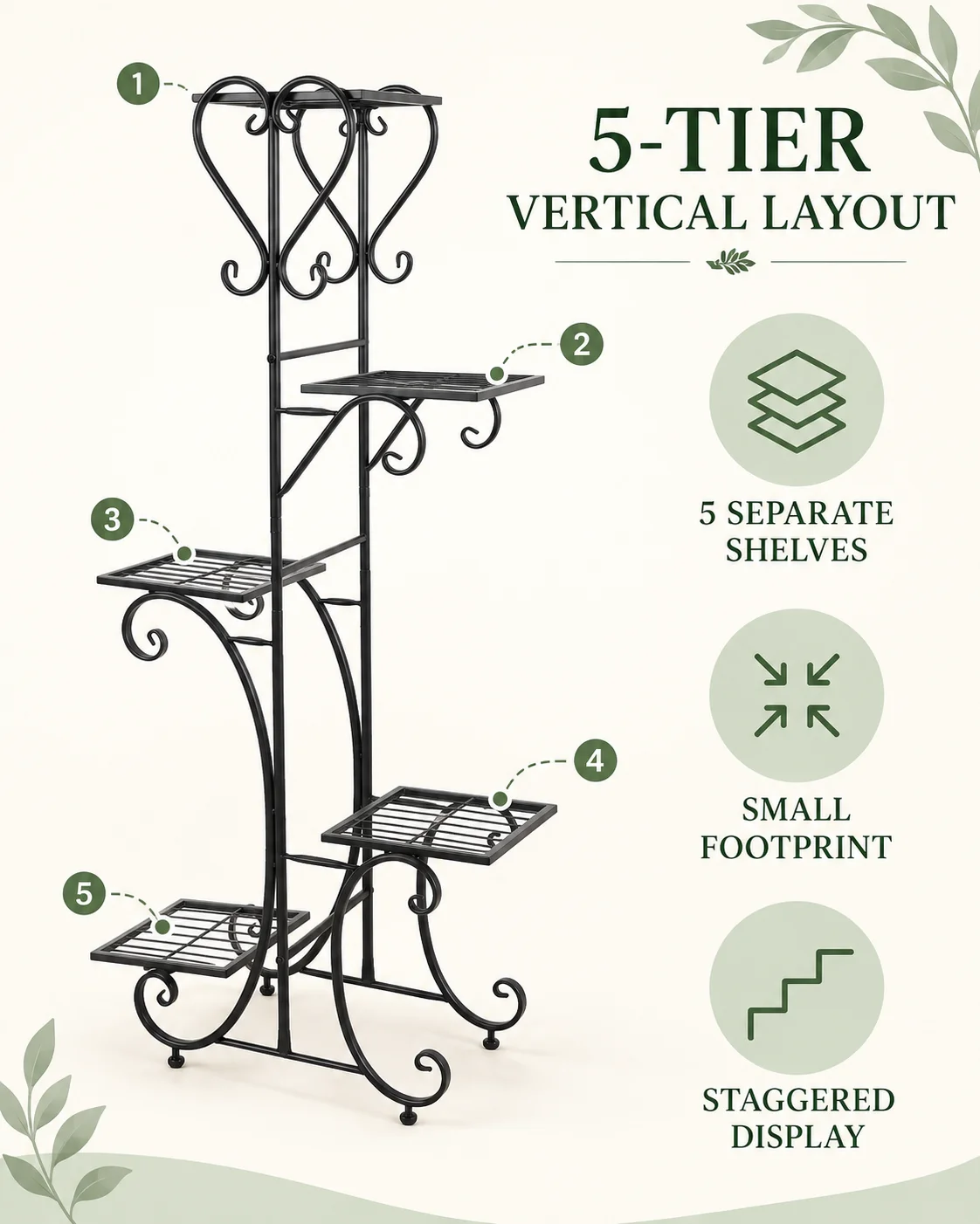 5 Tier Metal Plant Rack with Adjustable Feet, Space-Saving Vertical Flower Stand for Indoor and Sheltered Outdoor Use