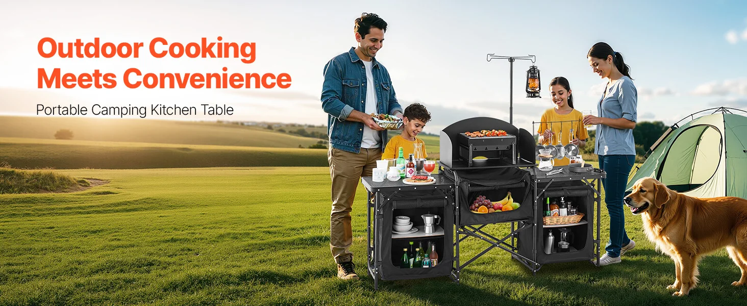 SucceBuy Camping Kitchen Table Aluminum Portable Cook Station with 3 Storage Cupboard Carrying Bag Quick Set-up for BBQ Picnic