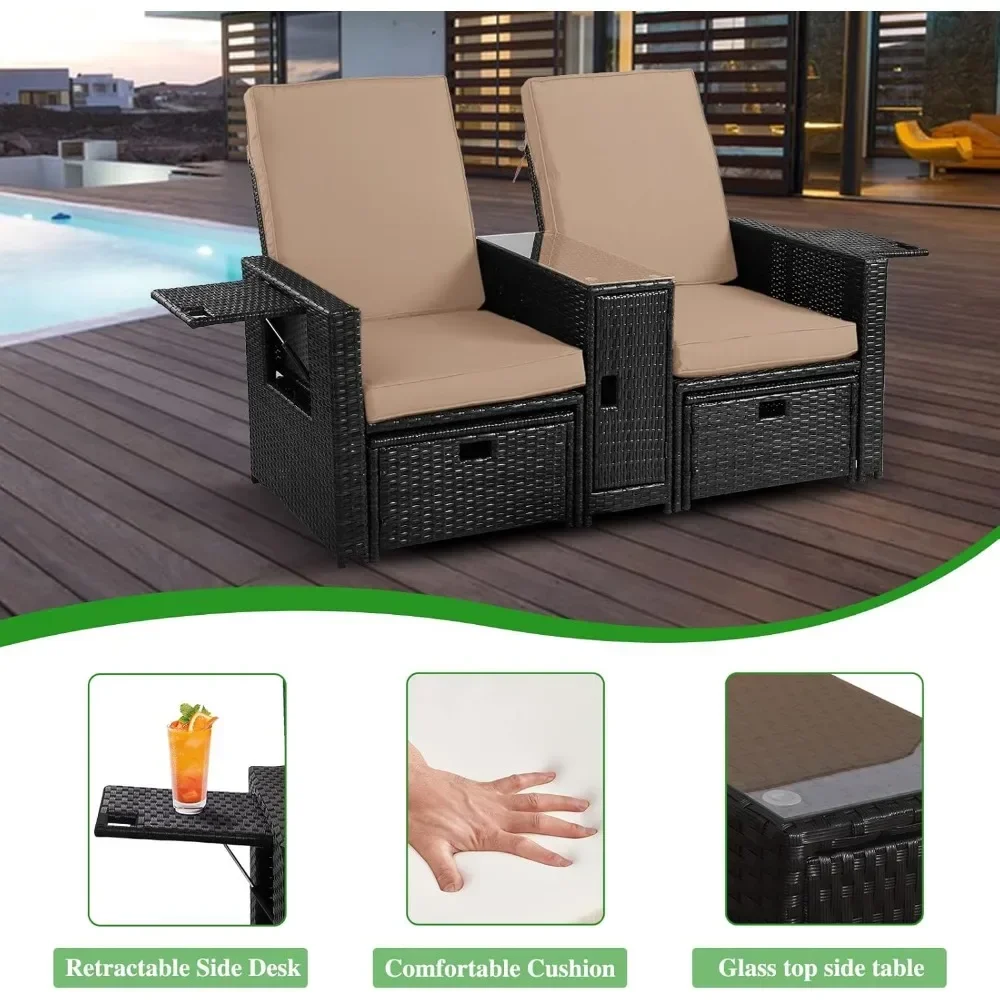 Patio Wicker Loveseat - Outdoor Rattan Sofa Set with Cushion - Adjustable Lounge Chair with Ottoman Footrest, Wicker Furniture