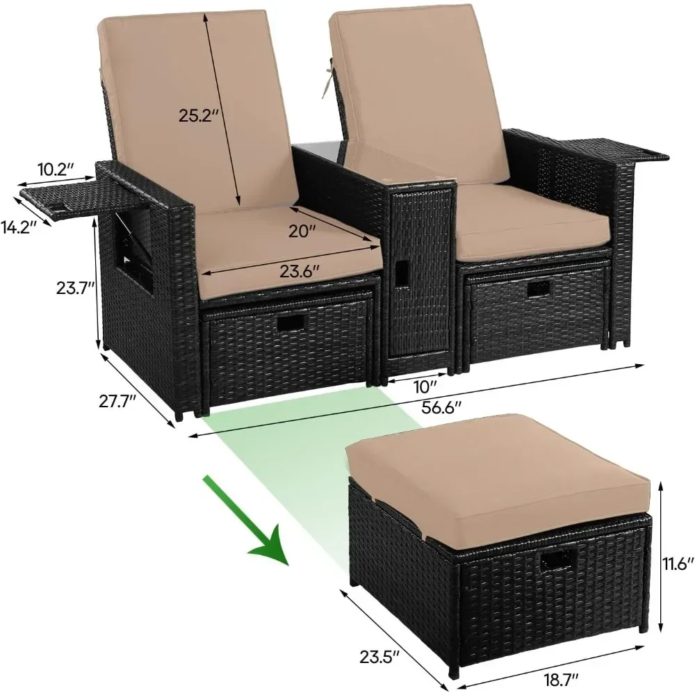 Patio Wicker Loveseat - Outdoor Rattan Sofa Set with Cushion - Adjustable Lounge Chair with Ottoman Footrest, Wicker Furniture