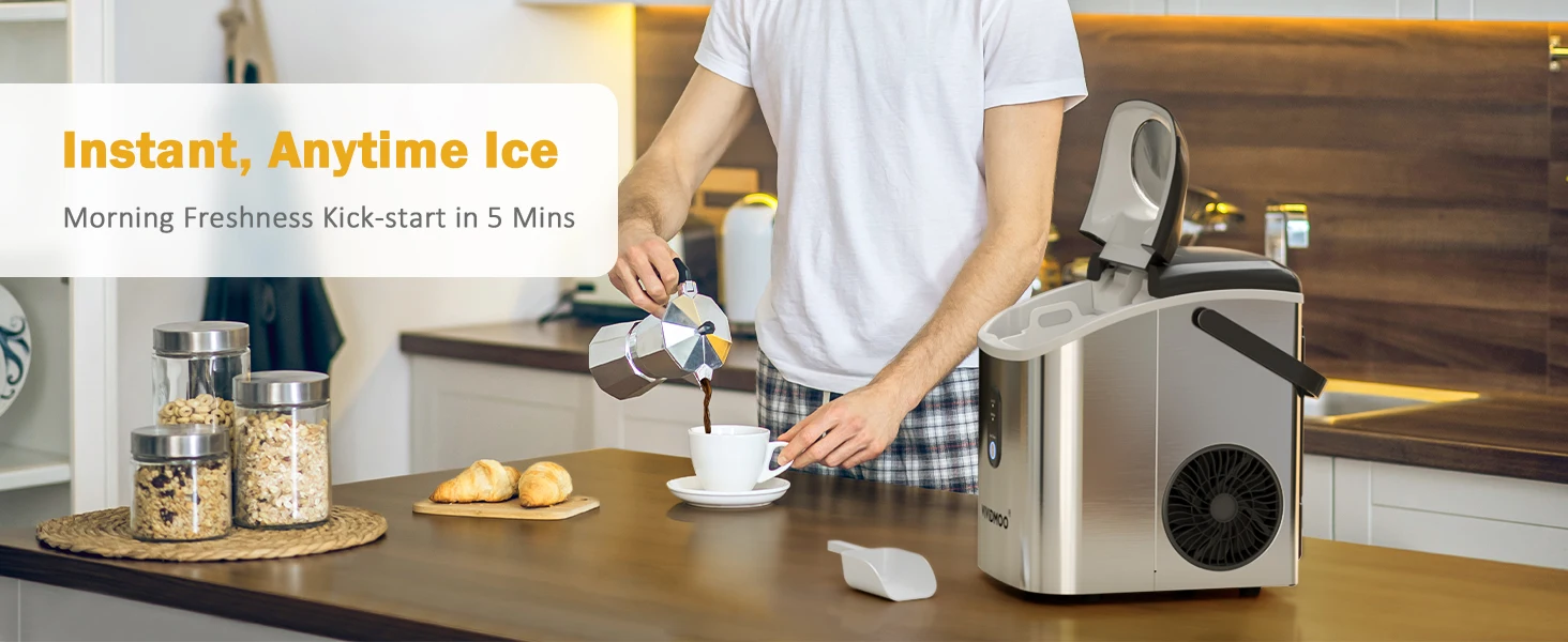 Vividmoo Nugget Ice Maker Countertop, Self-cleaning Sonic Portable, Soft Chewable Pebble Ice in 5 Mins with Ice Scoop and Basket