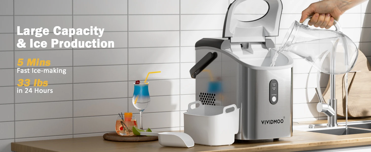 Vividmoo Nugget Ice Maker Countertop, Self-cleaning Sonic Portable, Soft Chewable Pebble Ice in 5 Mins with Ice Scoop and Basket
