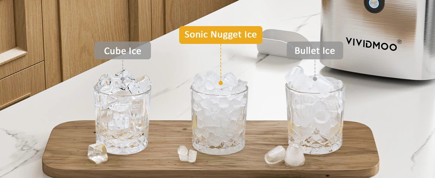 Vividmoo Nugget Ice Maker Countertop, Self-cleaning Sonic Portable, Soft Chewable Pebble Ice in 5 Mins with Ice Scoop and Basket