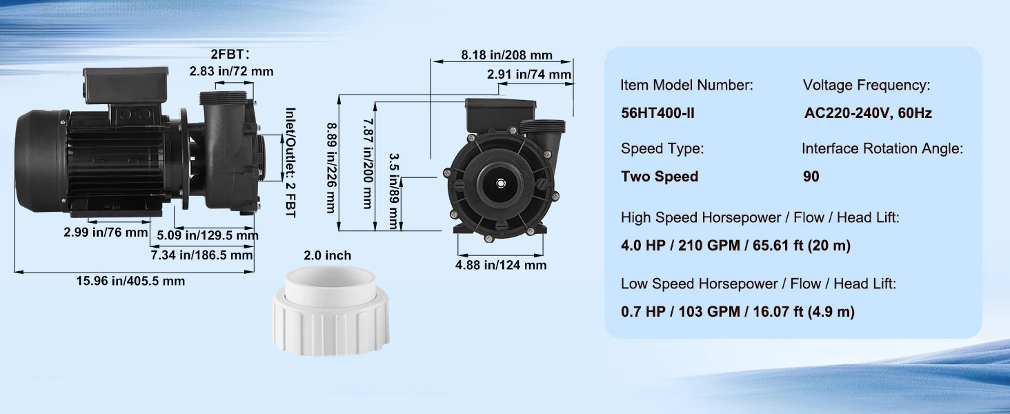 SucceBuy 2 Speed SPA Pump 48/56-Frame AC110-120V SPA Pump 1.5HP/3HP/4HP High Speed 2'' Port 90° Rotational Interface for Hot Tub