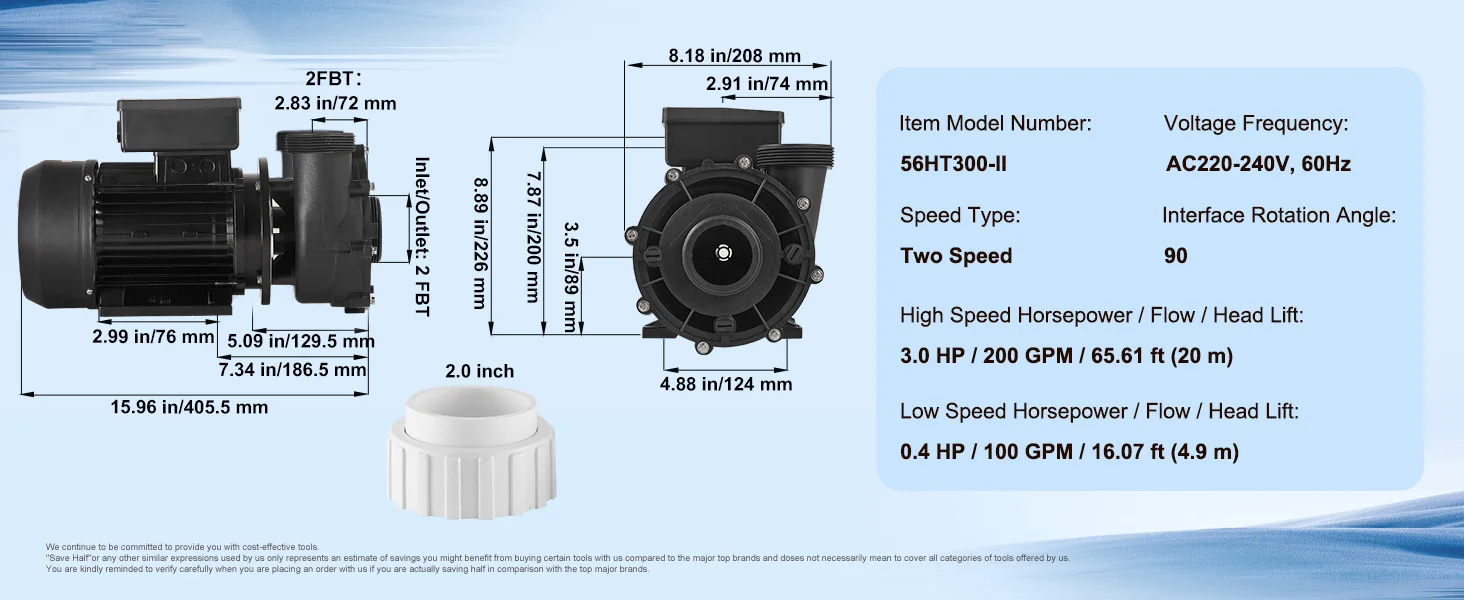 SucceBuy 2 Speed SPA Pump 48/56-Frame AC110-120V SPA Pump 1.5HP/3HP/4HP High Speed 2'' Port 90° Rotational Interface for Hot Tub