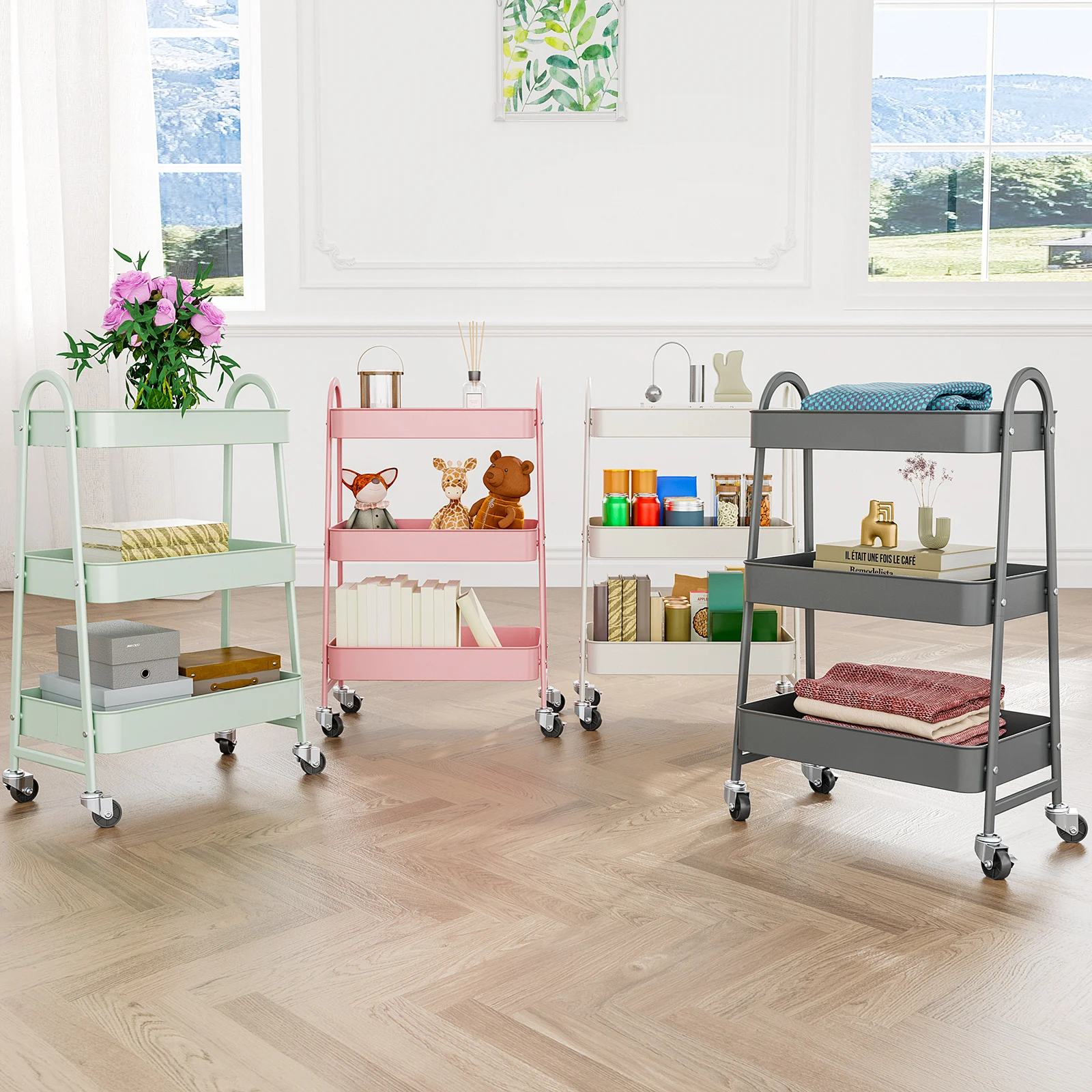 JHK 3 Tier Metal Storage Kitchen Cart with Lockable Wheels Mobile Shelving Unit Utility Rolling Organizer For Home Narrow Places