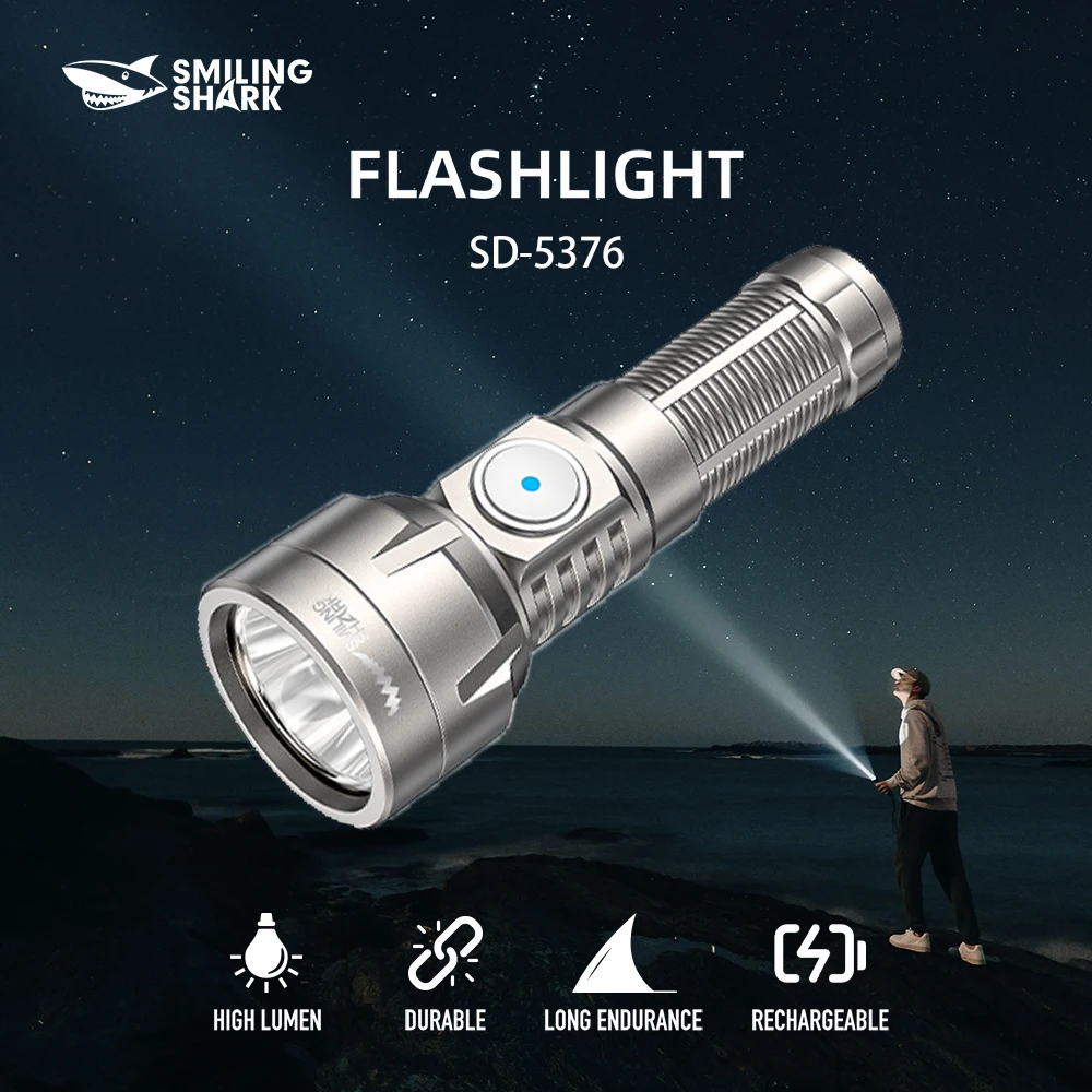 1pc Smiling Shark SD-5376-1 LED Flashlight, Super Bright Handheld Flashlight, Long-lasting Flash Light Rechargeable for Outdoors