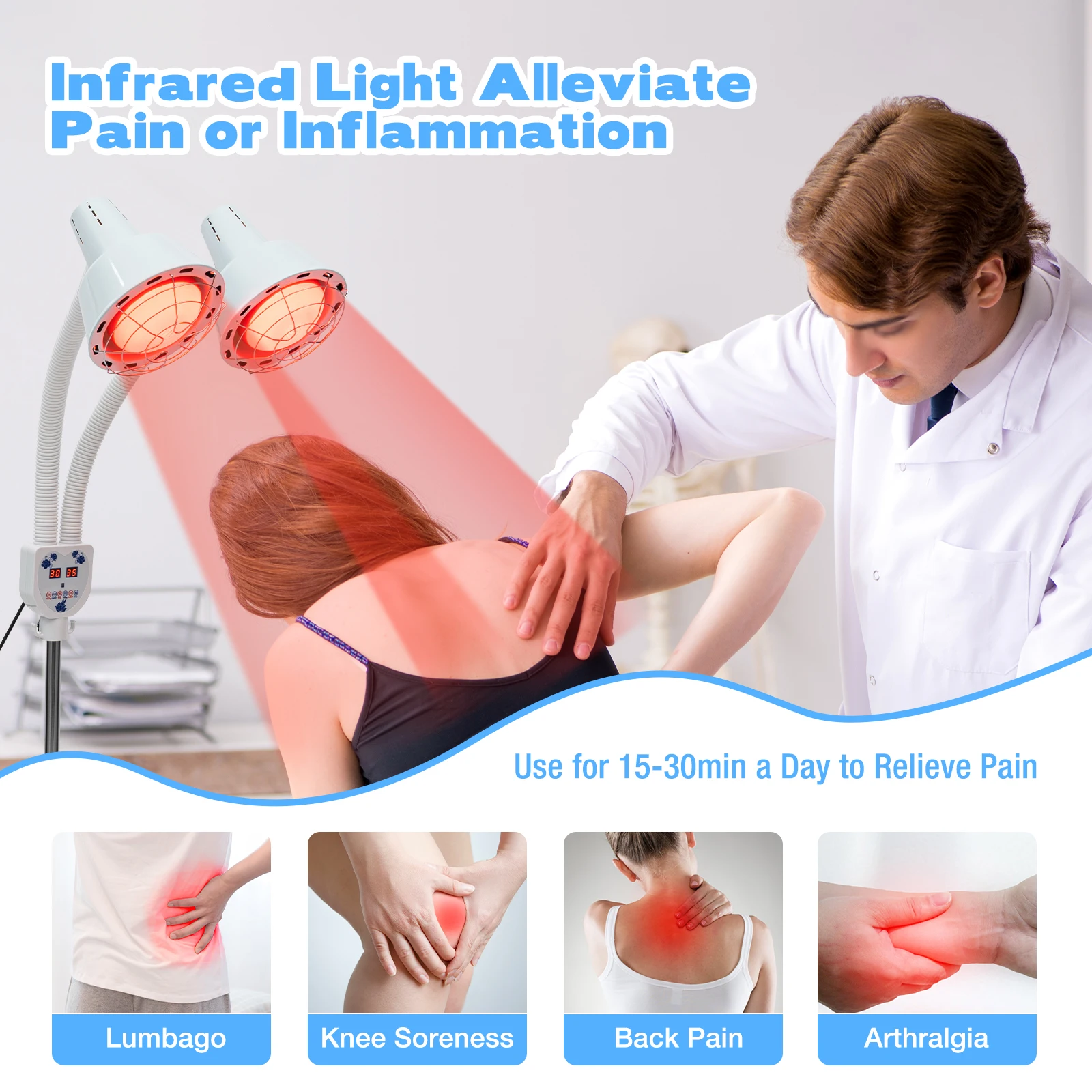 YIYIBYUS 275 W Double head Electric Infrared Therapy Lamp 360° Adjustable Temperature Heat Lamp with 6 Universal Wheels