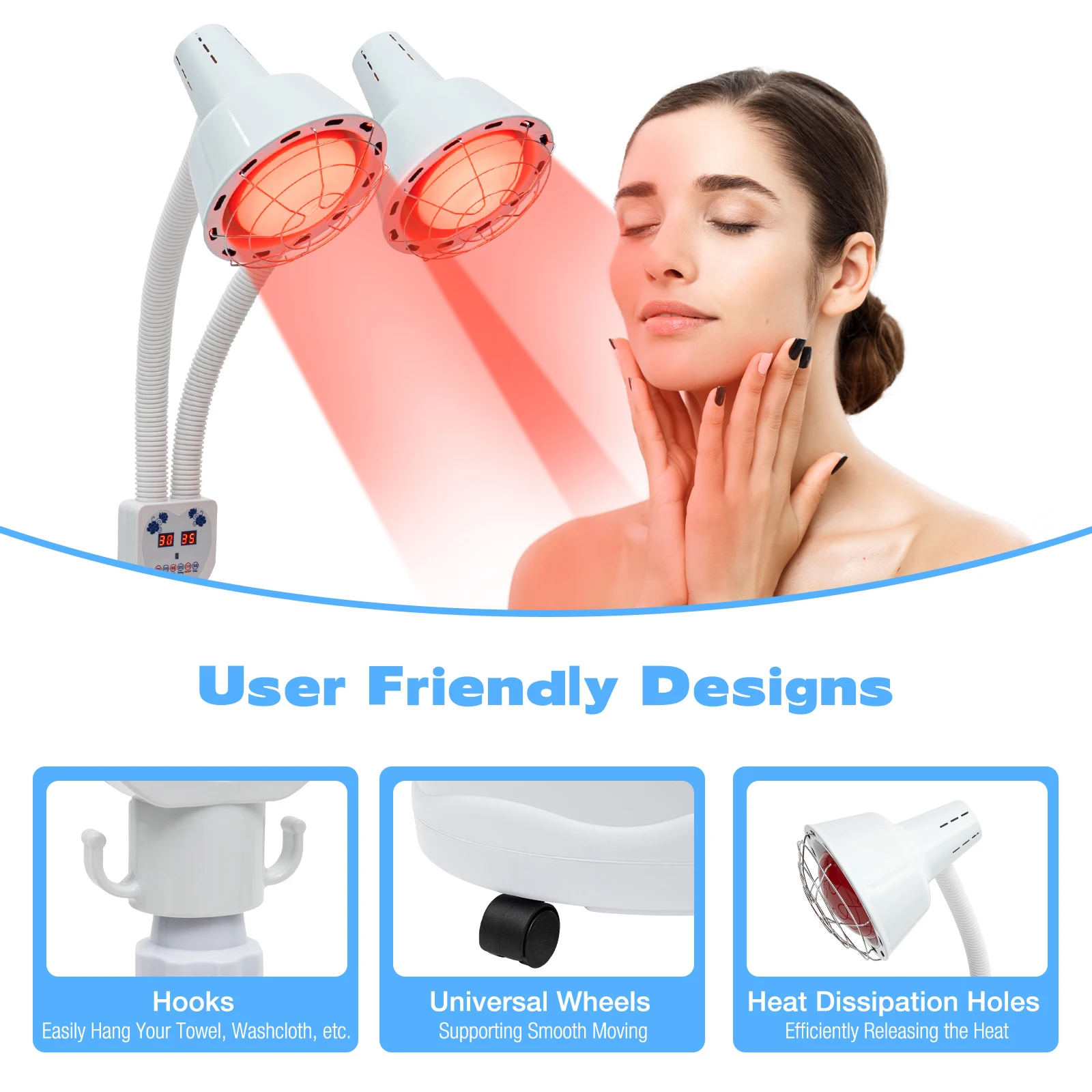 YIYIBYUS 275 W Double head Electric Infrared Therapy Lamp 360° Adjustable Temperature Heat Lamp with 6 Universal Wheels
