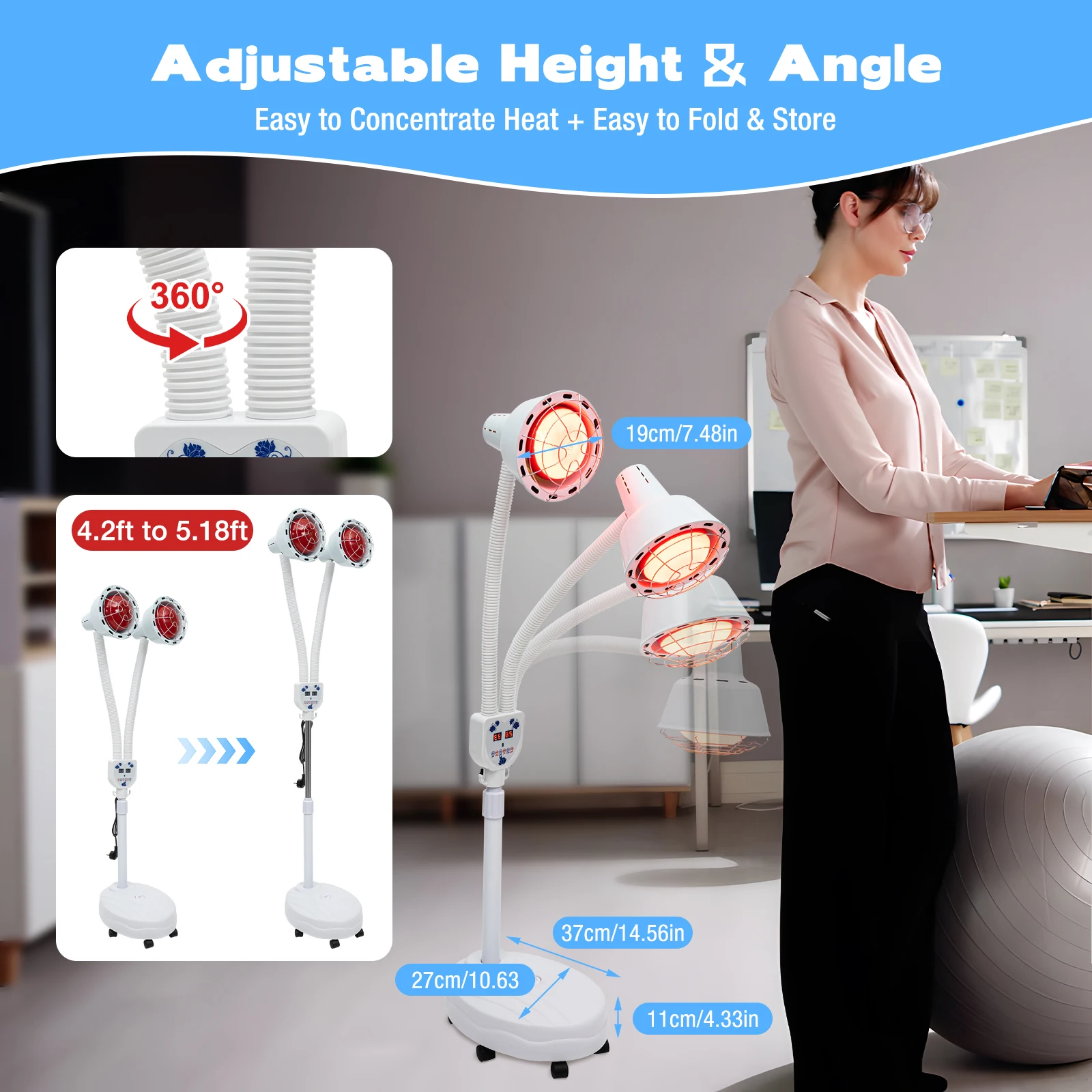 YIYIBYUS 275 W Double head Electric Infrared Therapy Lamp 360° Adjustable Temperature Heat Lamp with 6 Universal Wheels