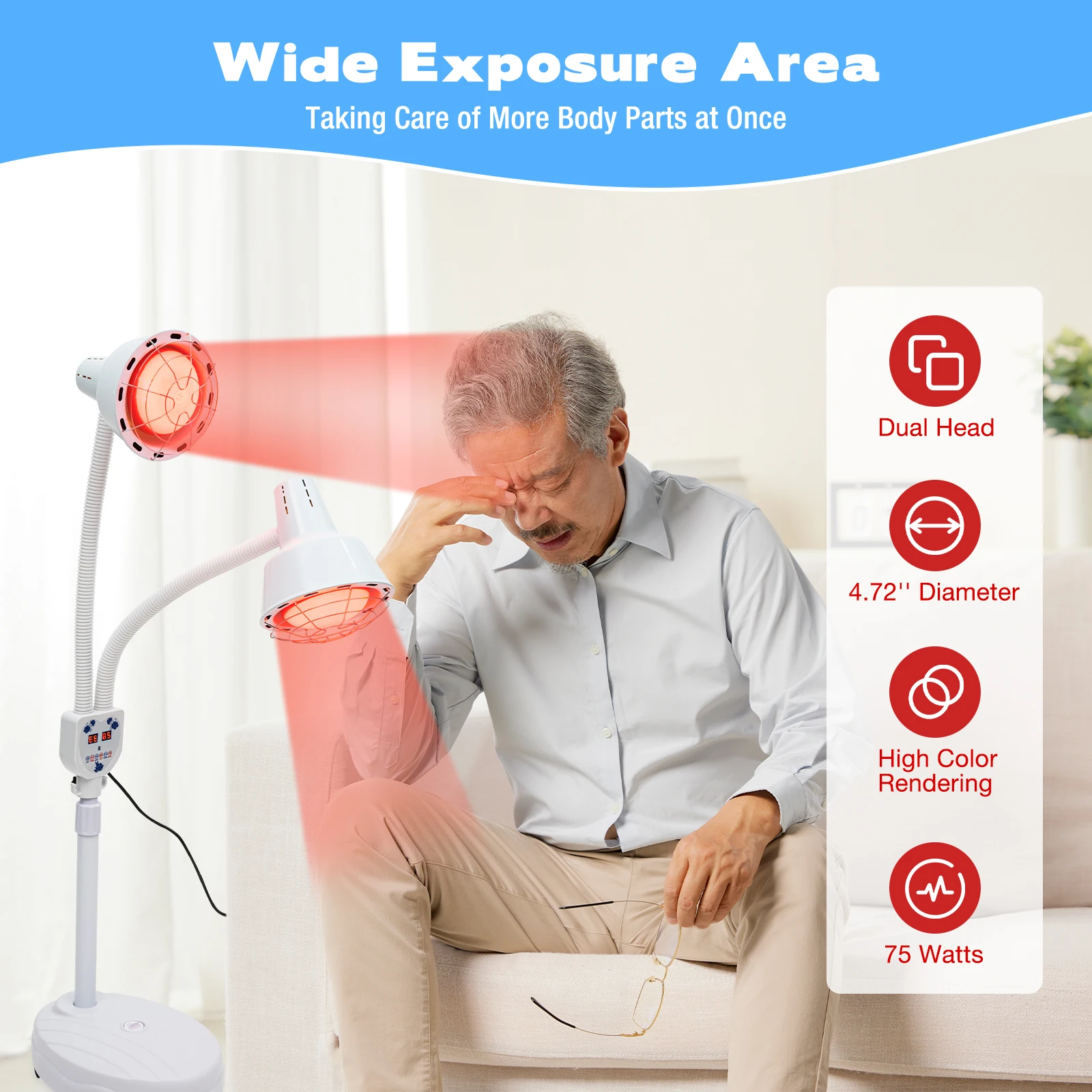 YIYIBYUS 275 W Double head Electric Infrared Therapy Lamp 360° Adjustable Temperature Heat Lamp with 6 Universal Wheels