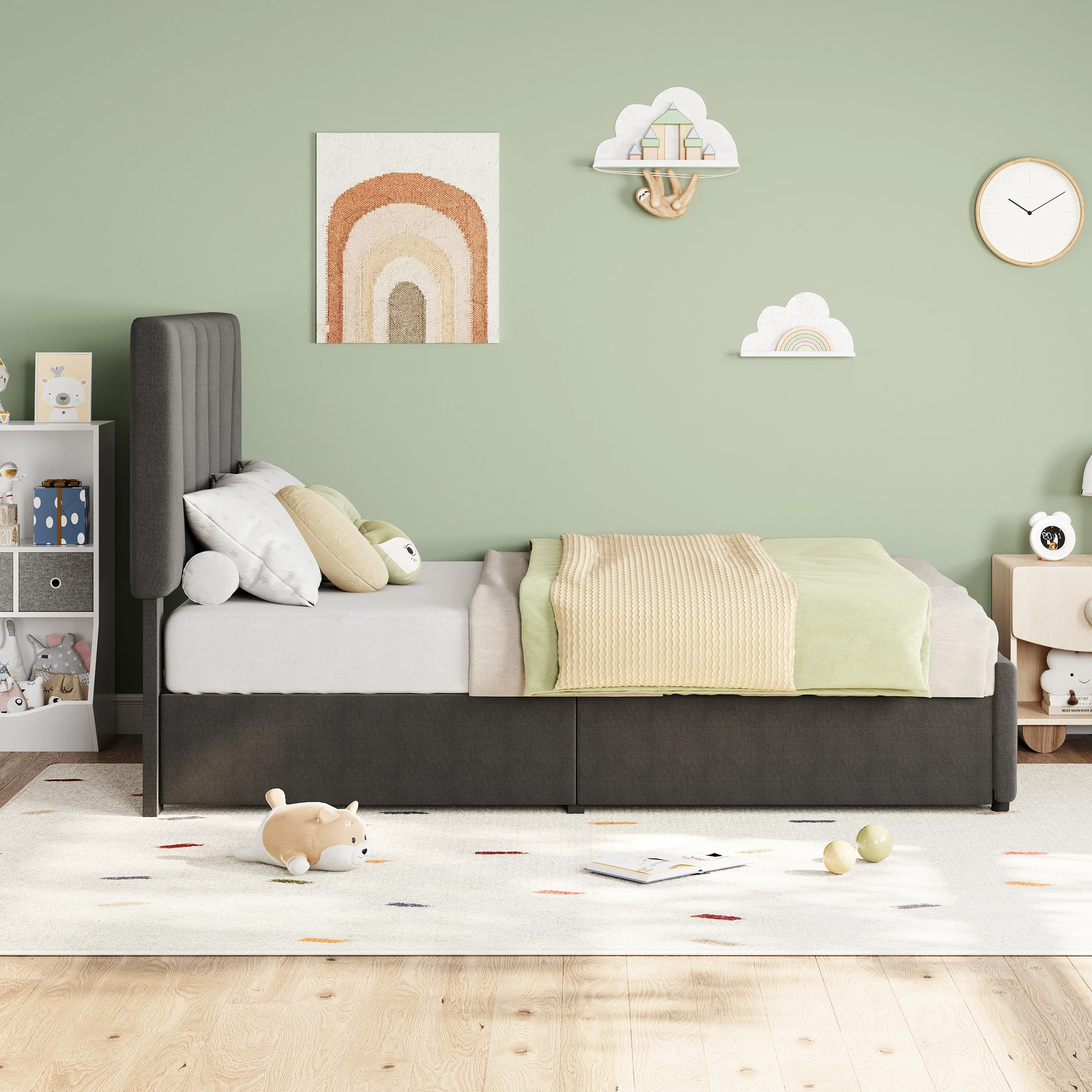 Full Size Bed Frame with Adjustable Headboard and 4 Storage Drawers, Upholstered Platform Bed Frame Wooden Slats Support