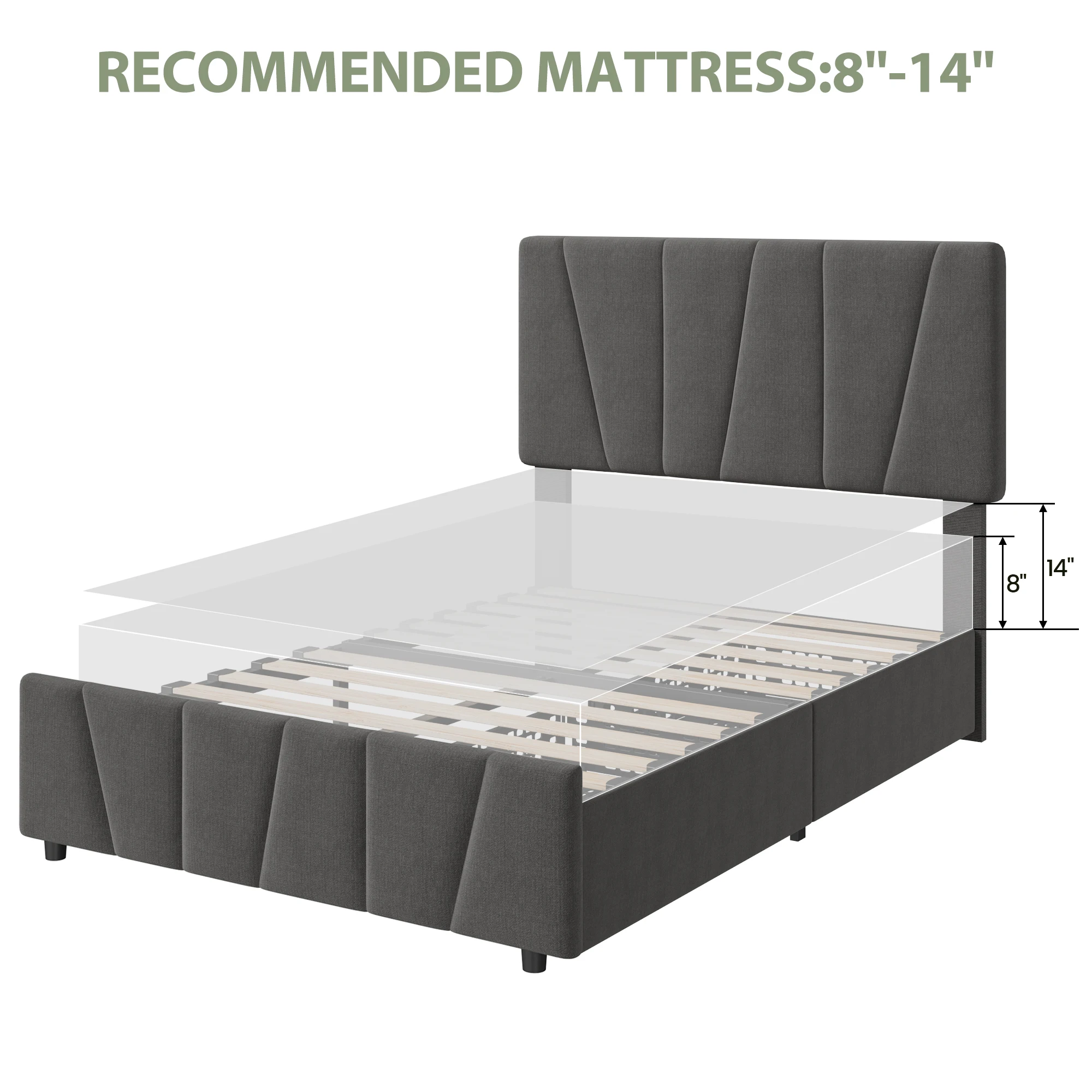 Full Size Bed Frame with Adjustable Headboard and 4 Storage Drawers, Upholstered Platform Bed Frame Wooden Slats Support