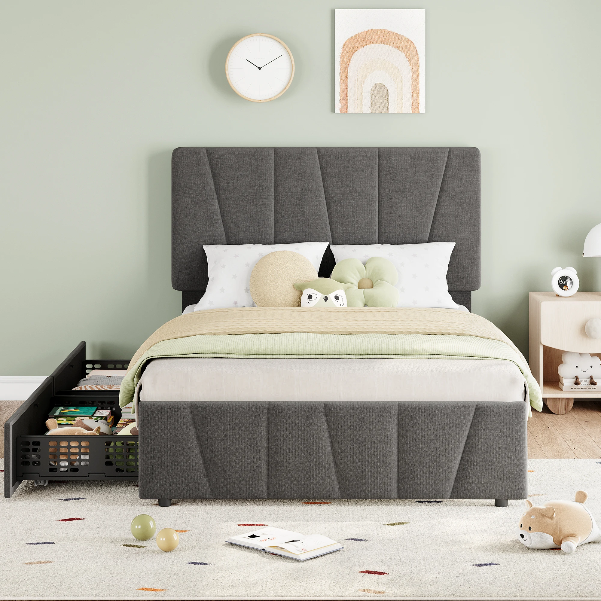 Full Size Bed Frame with Adjustable Headboard and 4 Storage Drawers, Upholstered Platform Bed Frame Wooden Slats Support