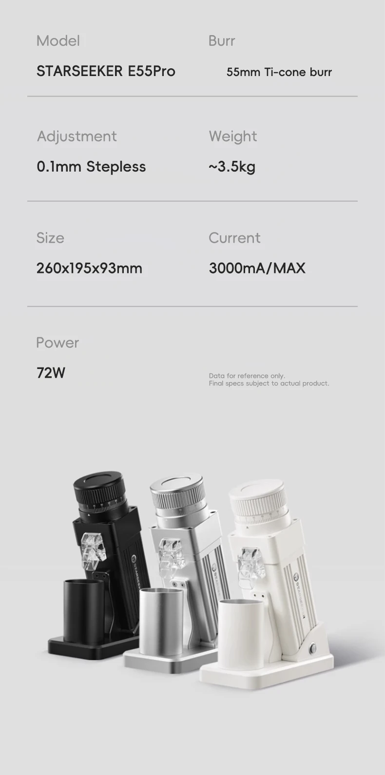 STARSEEKER E55Pro Electric Coffee Grinder 55MM Titanium Cone Burr Stepless Adjustment Espresso Brew Coffee Bean Grinder Black