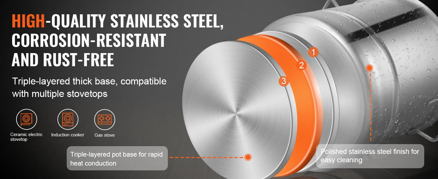 SucceBuy Stainless Steel Kettle 16 GALLON Brewing Pot Tri Ply Bottom for Beer Brew Kettle Pot Home Brewing Supplies Includes Lid