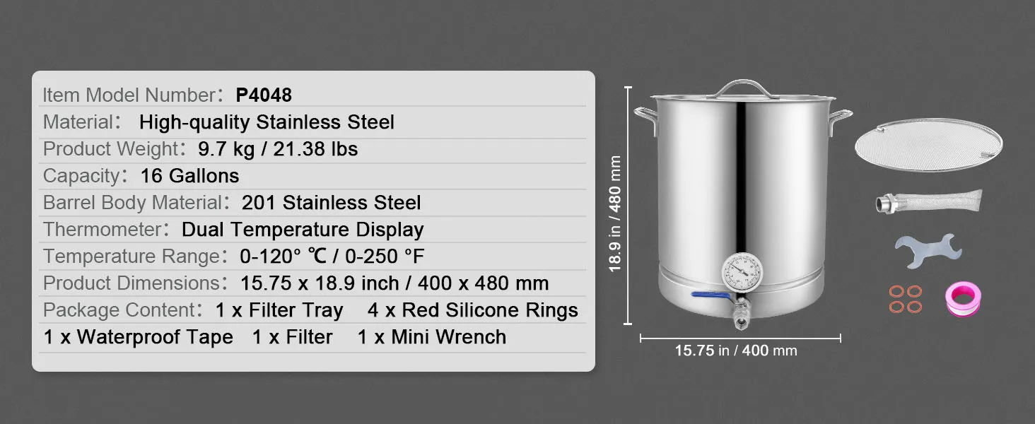SucceBuy Stainless Steel Kettle 16 GALLON Brewing Pot Tri Ply Bottom for Beer Brew Kettle Pot Home Brewing Supplies Includes Lid