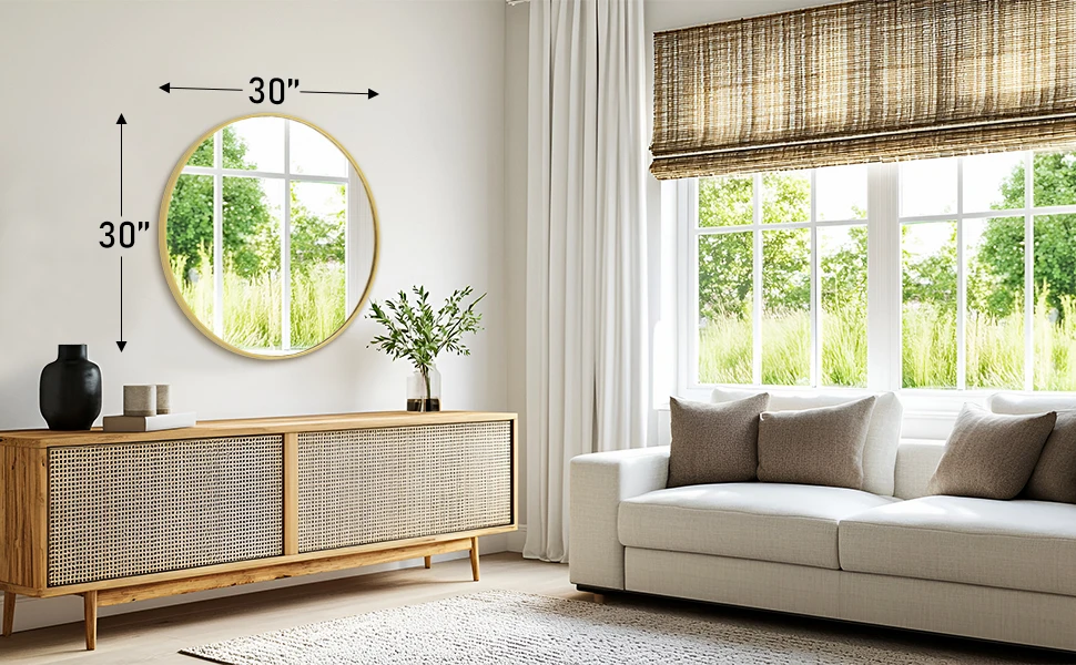 JHK Large Gold Round Vanity Framed Mirror for Wall Matte Metal Framed 30 Inch Modern Mirror Tempered Glass Bedroom Living Room