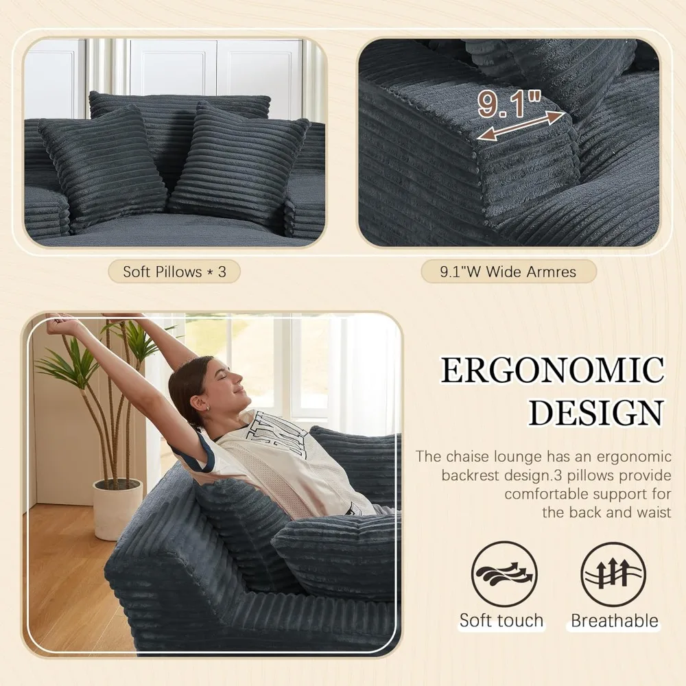 80 Inch Chaise Lounge Chair Indoor, Oversized Corduroy Upholstered Boneless Sofa Bed, Deep Seat Sleeper Couch Reading Chairs, Cl