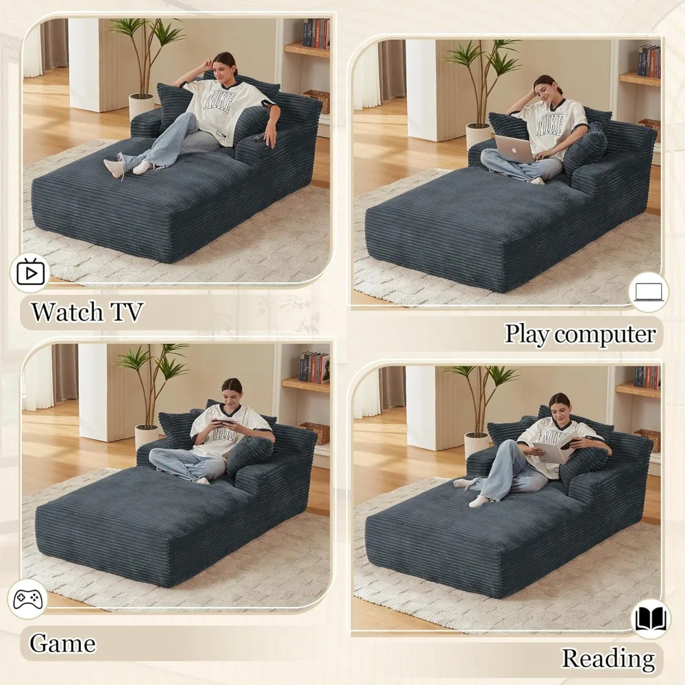 80 Inch Chaise Lounge Chair Indoor, Oversized Corduroy Upholstered Boneless Sofa Bed, Deep Seat Sleeper Couch Reading Chairs, Cl