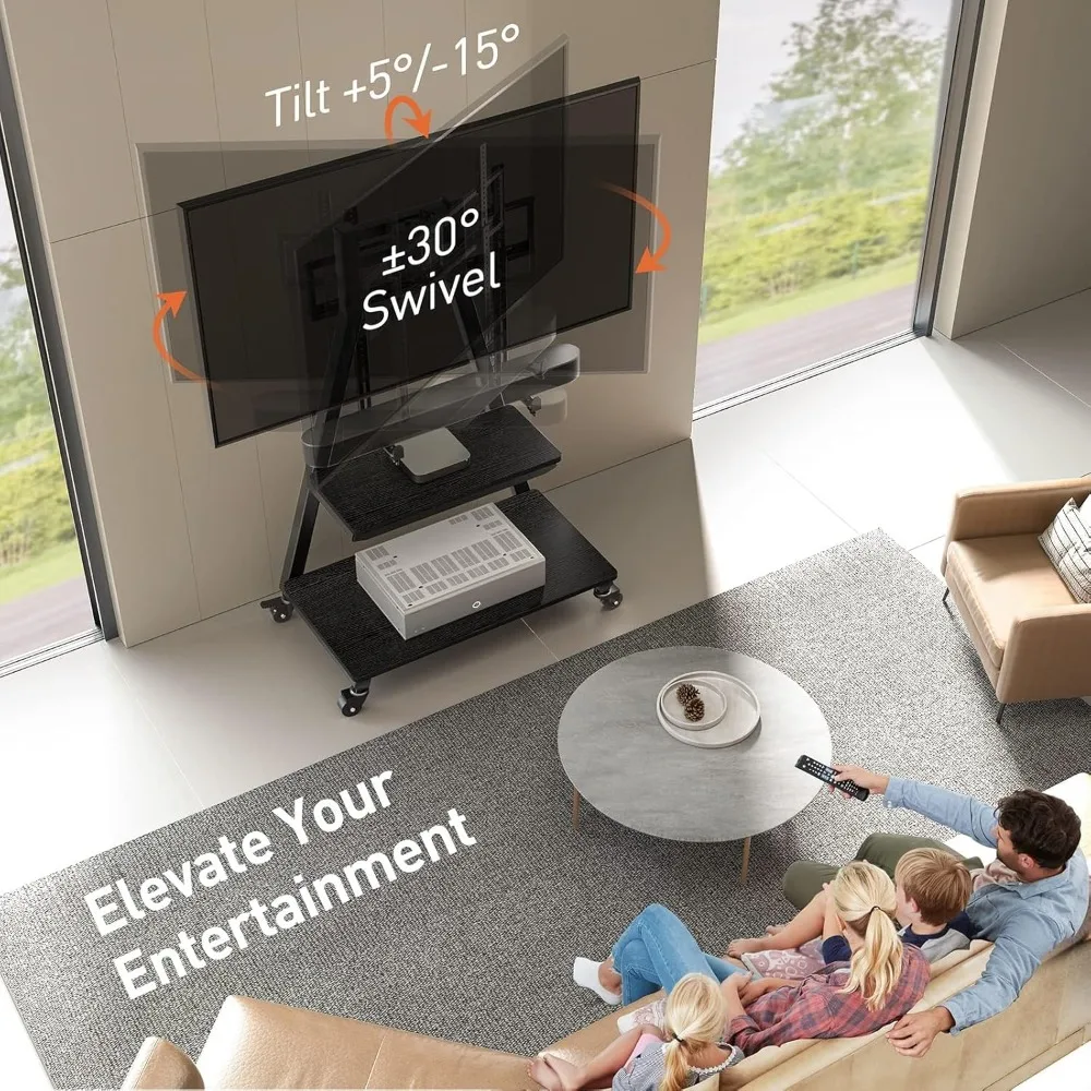 Mobile TV Stand with Soundbar Mount, Rolling Floor TV Stand with Wheels for 43-80" TVs up to 132lbs, Mobile TV Cart with Storag