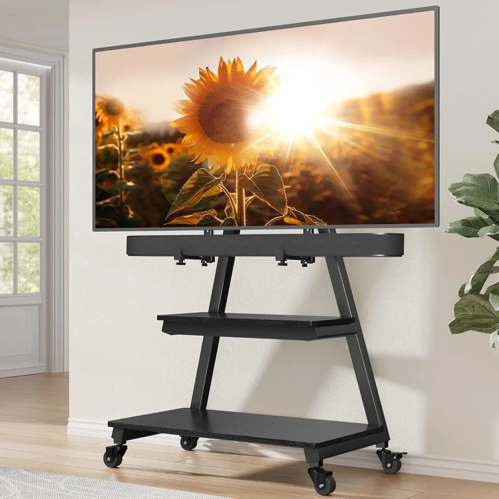Mobile TV Stand with Soundbar Mount, Rolling Floor TV Stand with Wheels for 43-80" TVs up to 132lbs, Mobile TV Cart with Storag