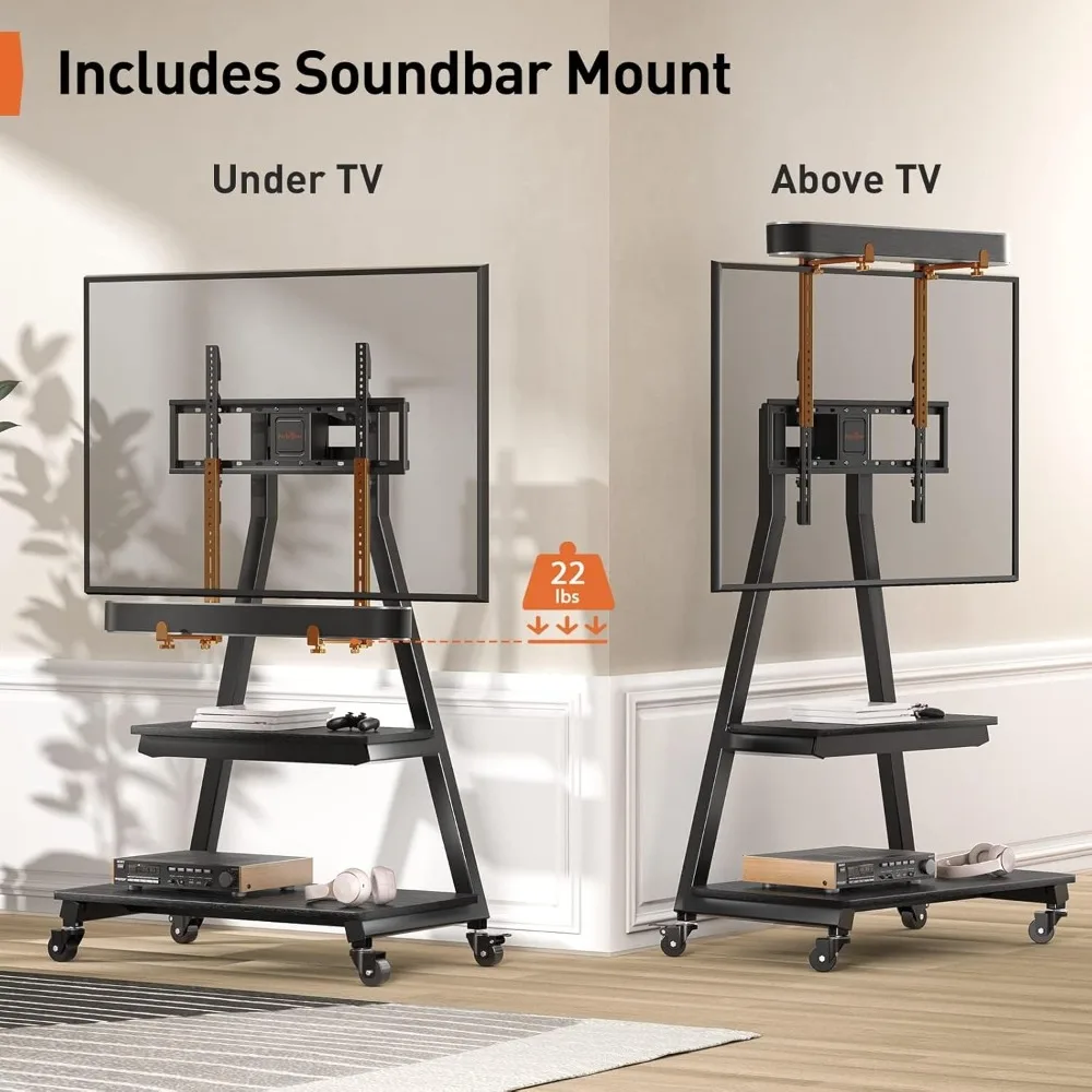 Mobile TV Stand with Soundbar Mount, Rolling Floor TV Stand with Wheels for 43-80" TVs up to 132lbs, Mobile TV Cart with Storag