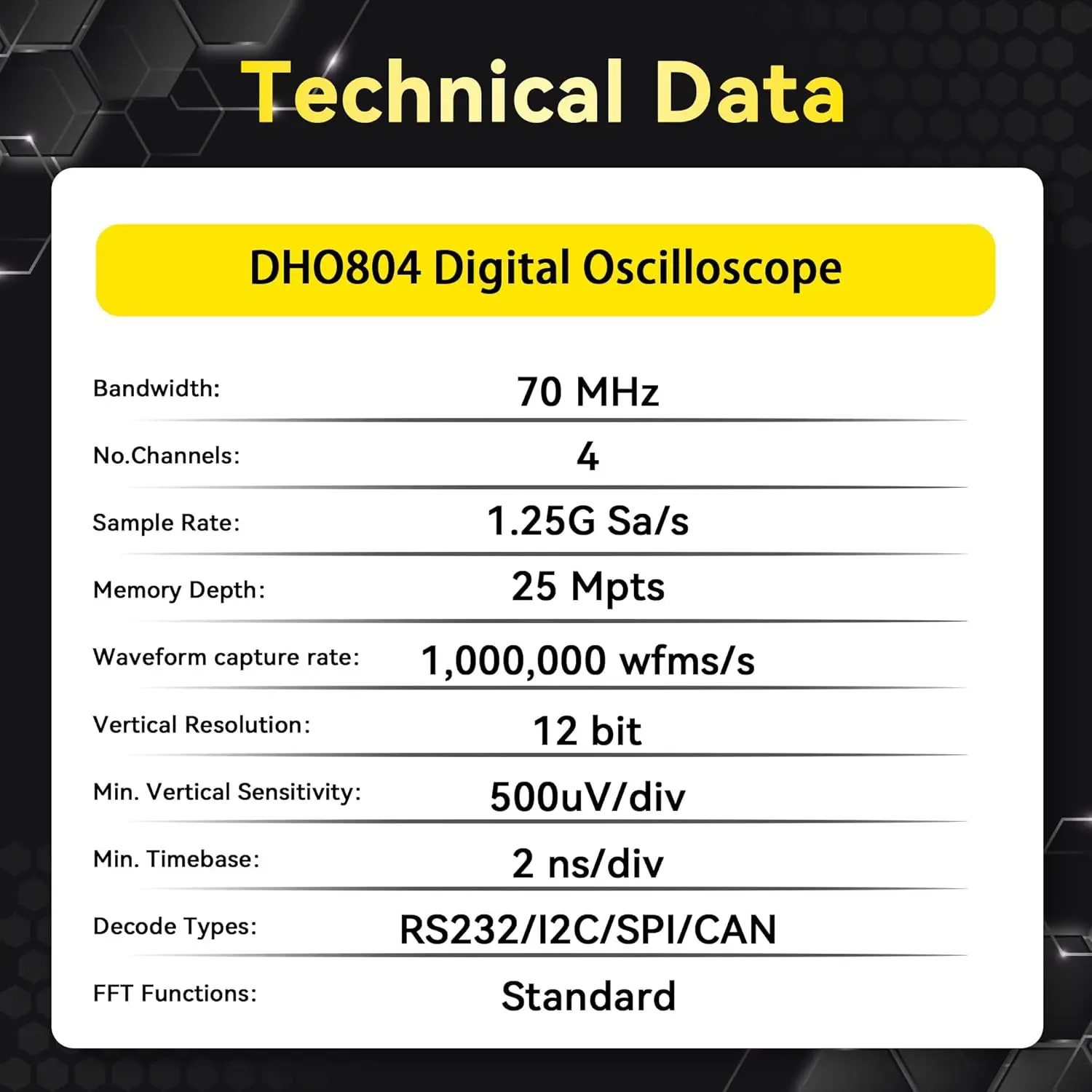 Digital Oscilloscope DHO804 70MHz Frequency Band + 12-bit Vertical Resolution + Maximum 1.25 GSa/s Sample Rate + 1000,000