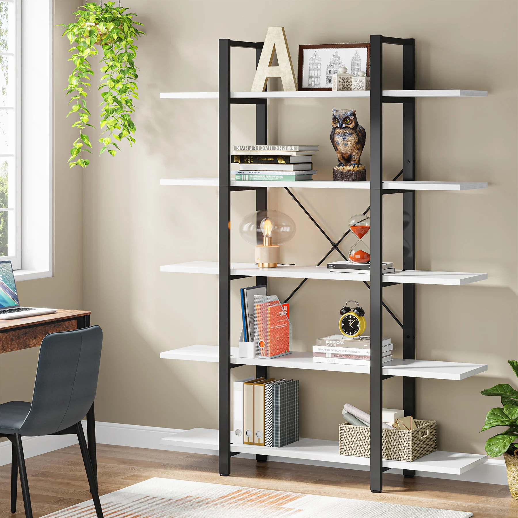 Tribesigns 5-Tier Bookshelf, Vintage Industrial Style Bookcase 72 H x 12 W x 47L Inches