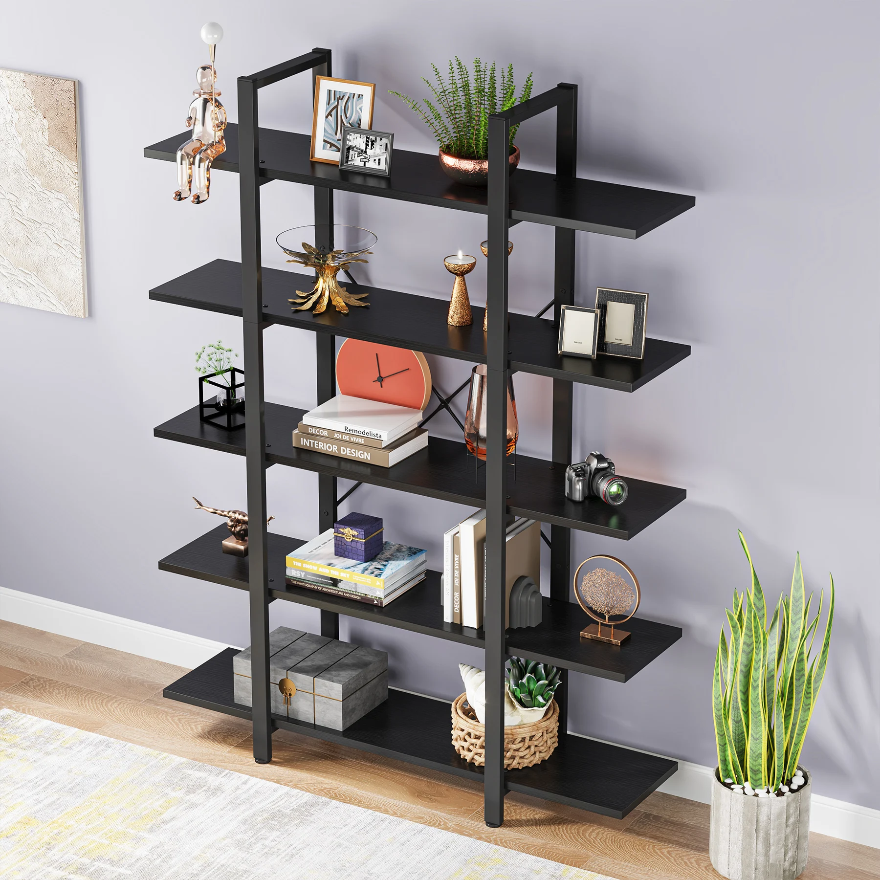 Tribesigns 5-Tier Bookshelf, Vintage Industrial Style Bookcase 72 H x 12 W x 47L Inches