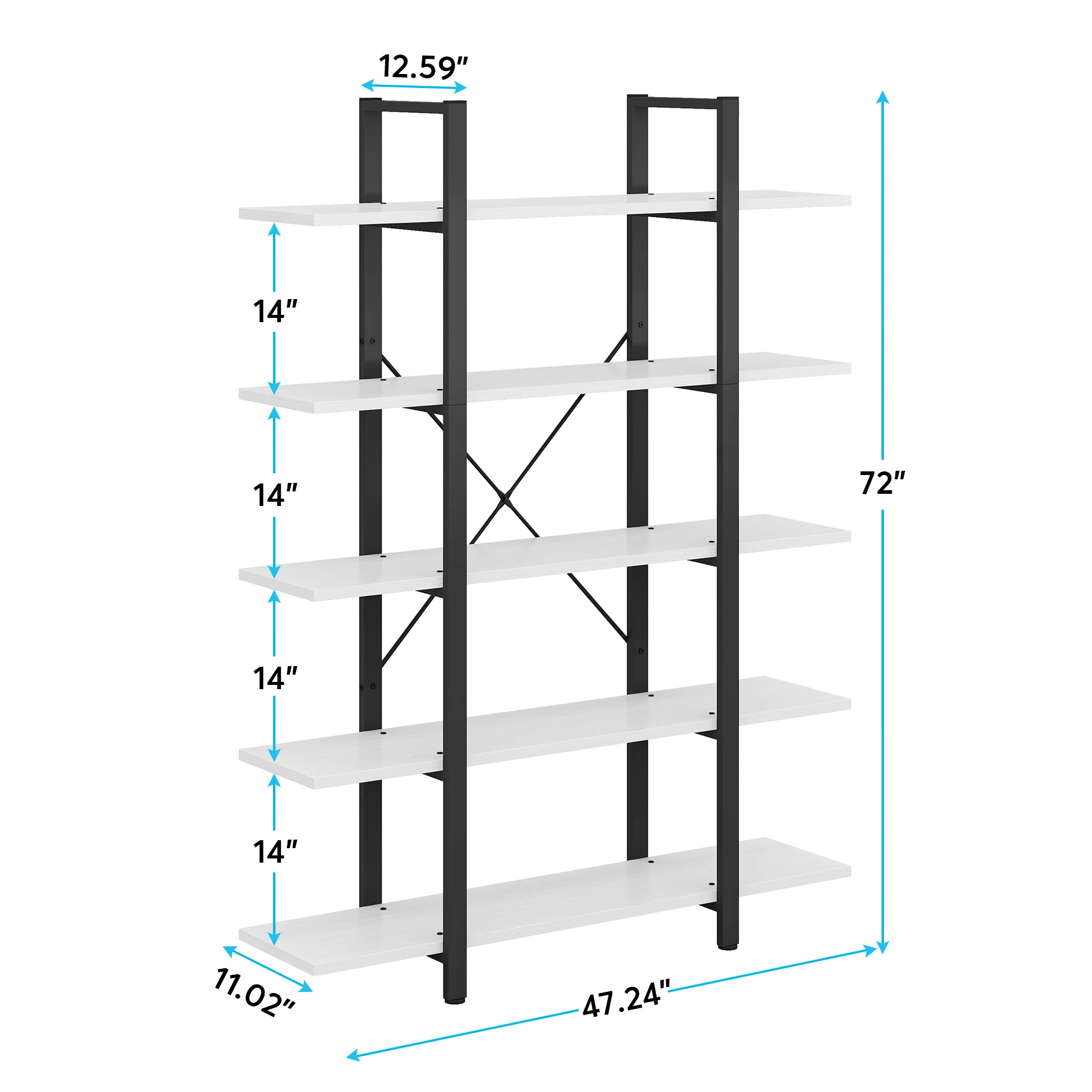 Tribesigns 5-Tier Bookshelf, Vintage Industrial Style Bookcase 72 H x 12 W x 47L Inches