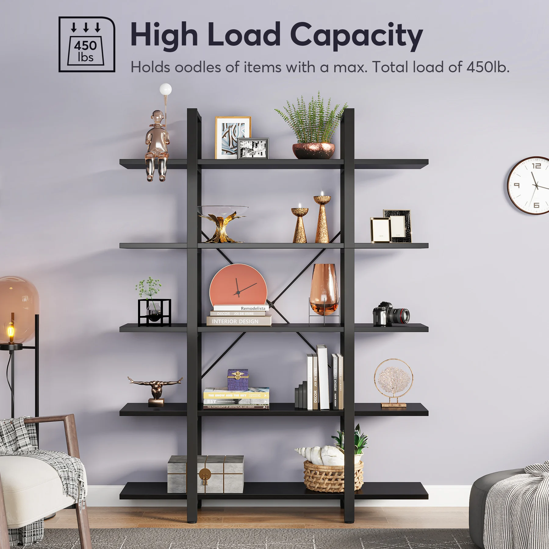 Tribesigns 5-Tier Bookshelf, Vintage Industrial Style Bookcase 72 H x 12 W x 47L Inches