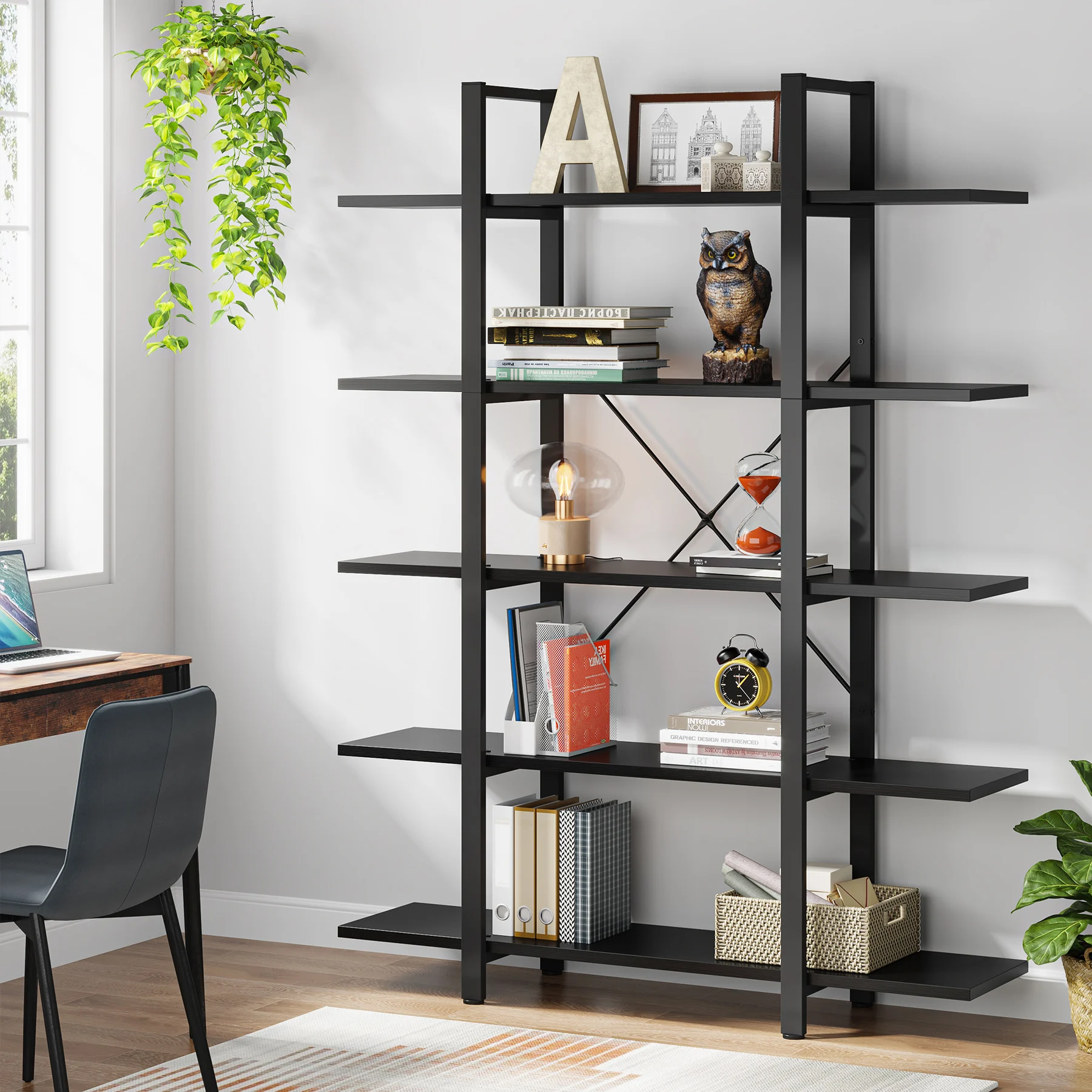 Tribesigns 5-Tier Bookshelf, Vintage Industrial Style Bookcase 72 H x 12 W x 47L Inches