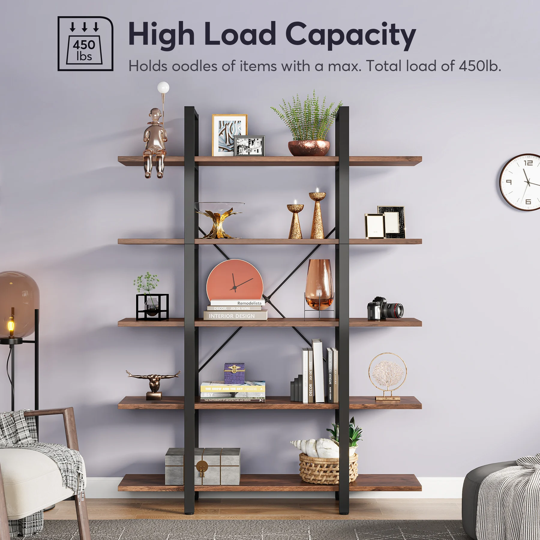 Tribesigns 5-Tier Bookshelf, Vintage Industrial Style Bookcase 72 H x 12 W x 47L Inches