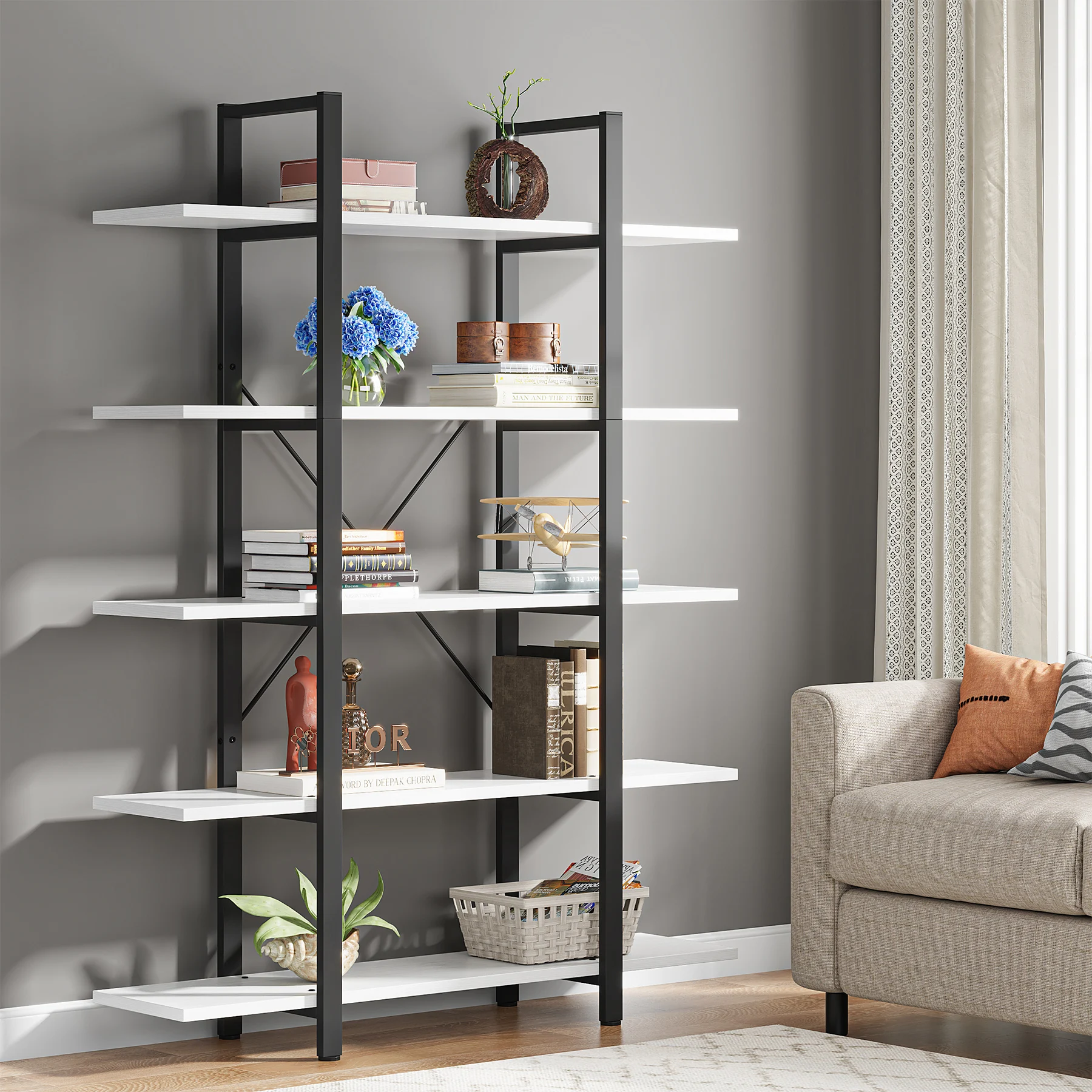 Tribesigns 5-Tier Bookshelf, Vintage Industrial Style Bookcase 72 H x 12 W x 47L Inches