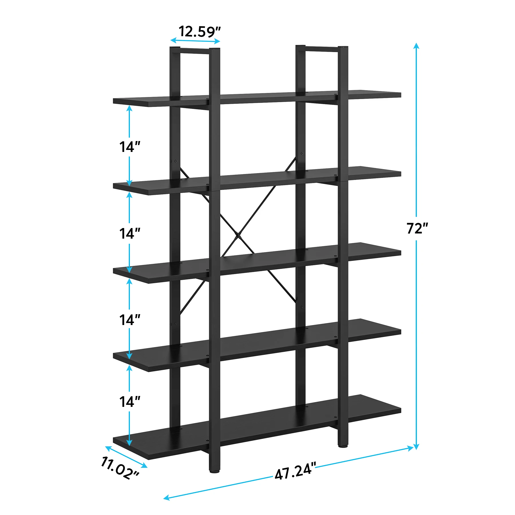 Tribesigns 5-Tier Bookshelf, Vintage Industrial Style Bookcase 72 H x 12 W x 47L Inches
