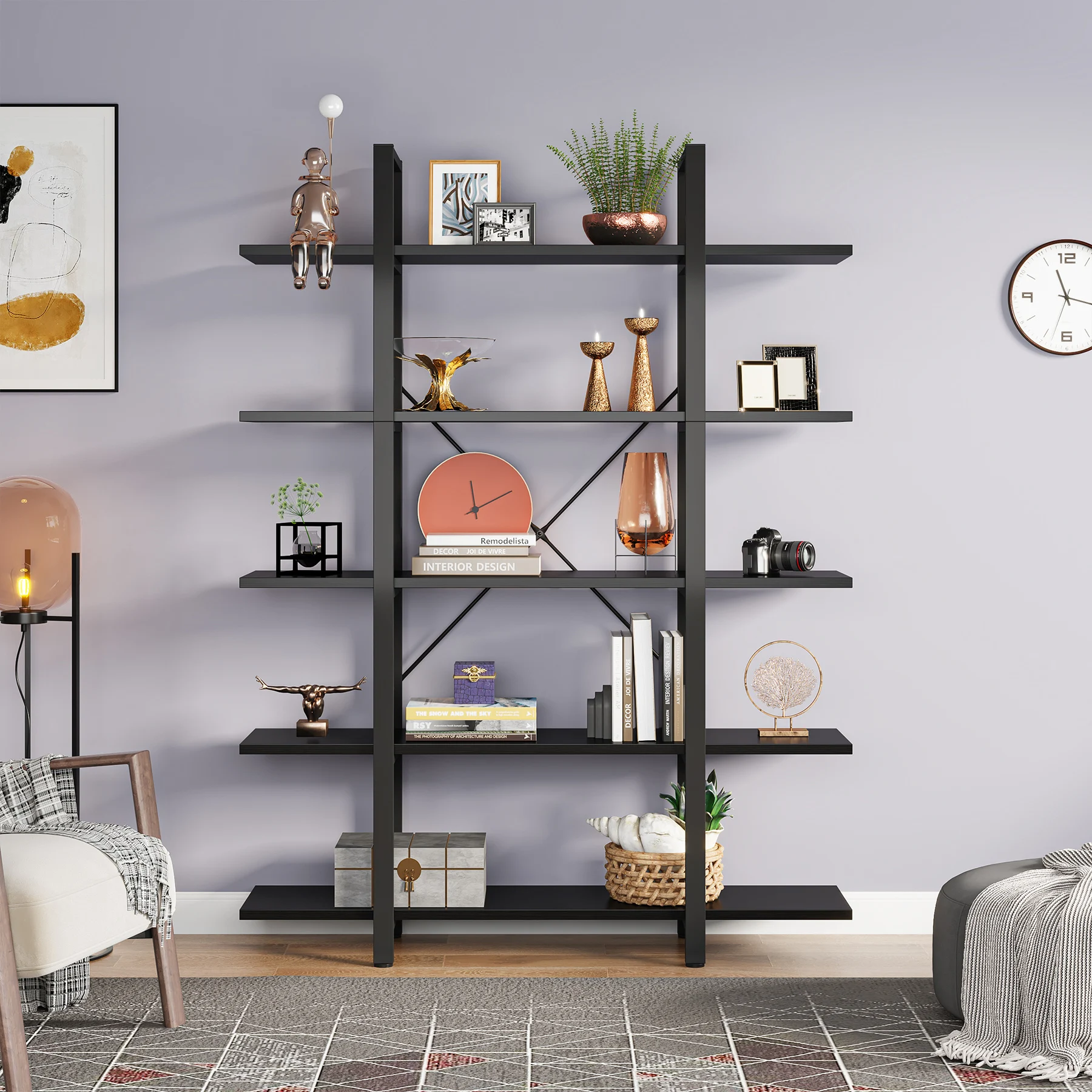 Tribesigns 5-Tier Bookshelf, Vintage Industrial Style Bookcase 72 H x 12 W x 47L Inches