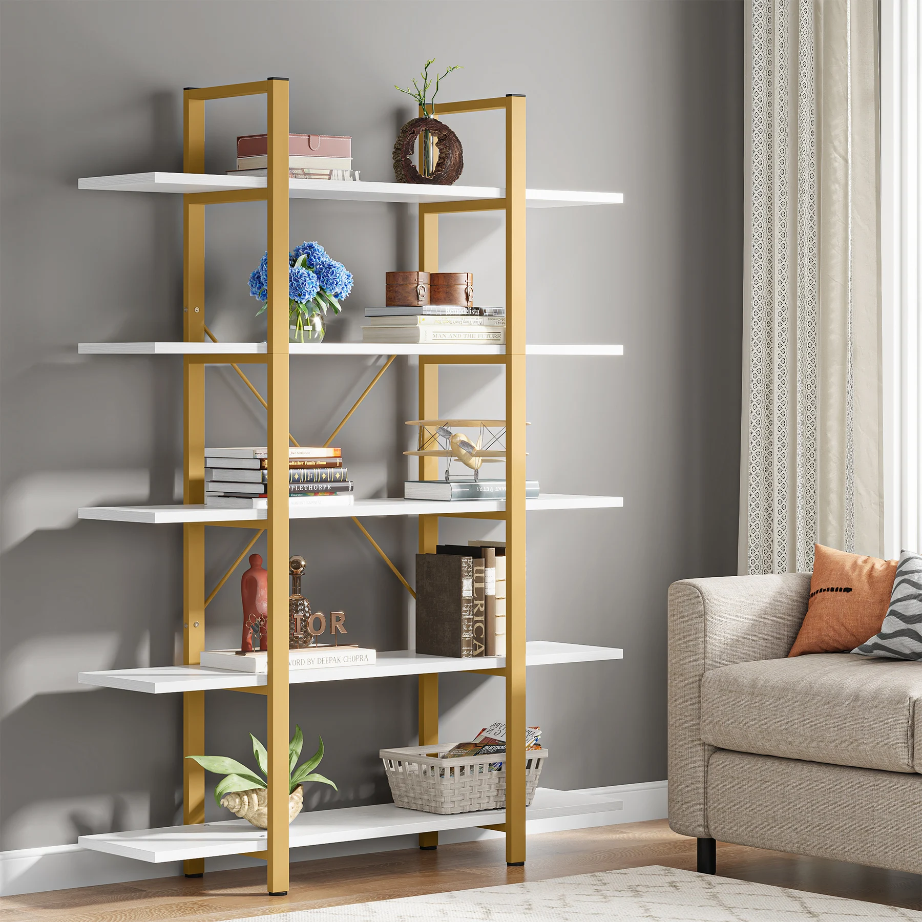 Tribesigns 5-Tier Bookshelf, Vintage Industrial Style Bookcase 72 H x 12 W x 47L Inches