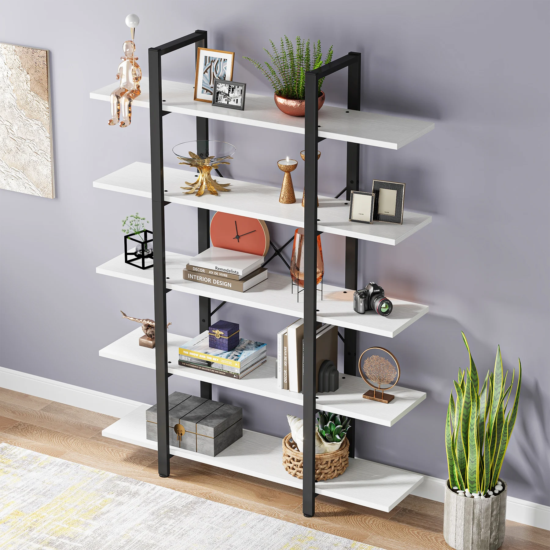 Tribesigns 5-Tier Bookshelf, Vintage Industrial Style Bookcase 72 H x 12 W x 47L Inches