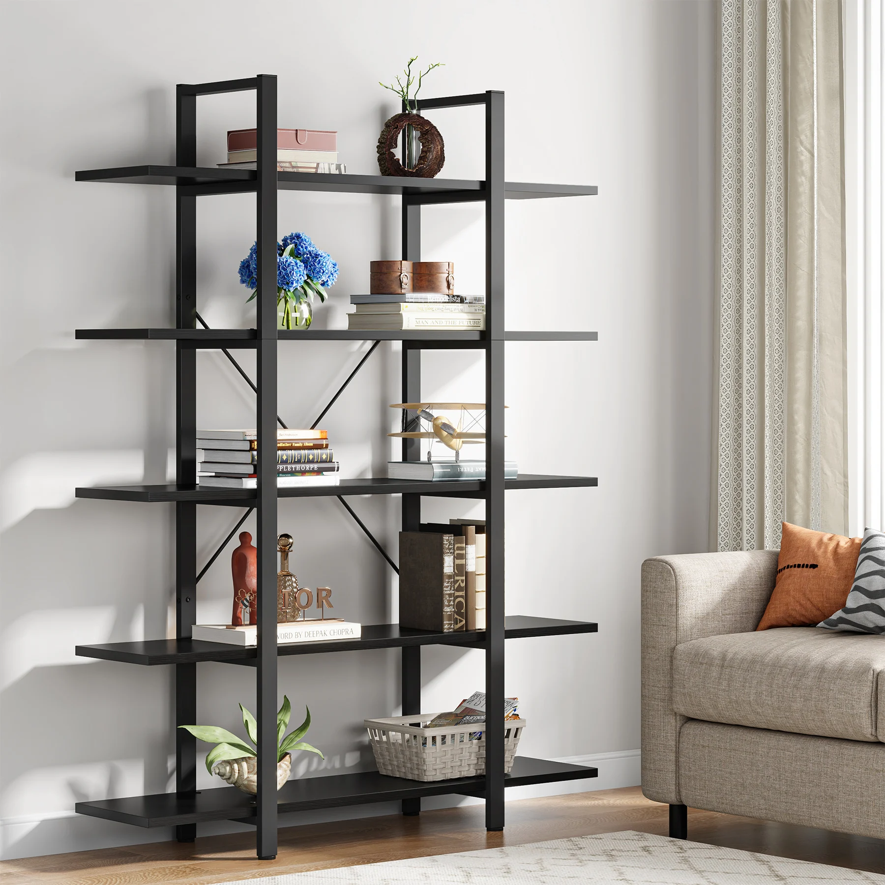 Tribesigns 5-Tier Bookshelf, Vintage Industrial Style Bookcase 72 H x 12 W x 47L Inches