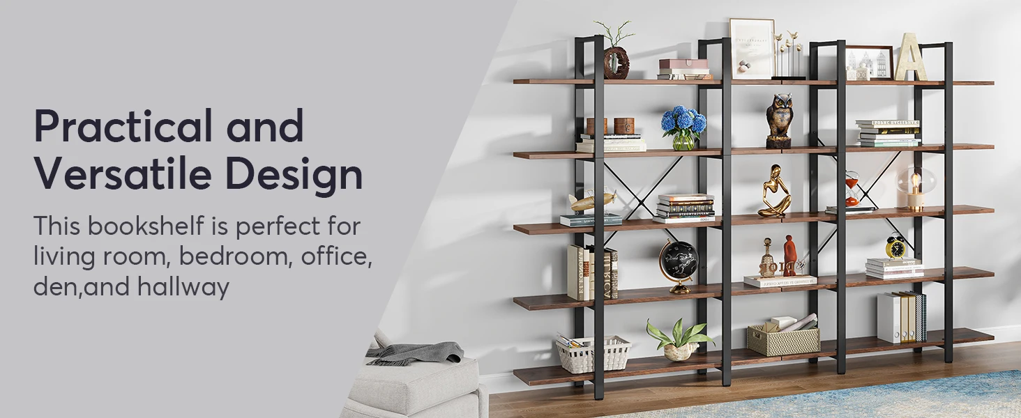 Tribesigns 5-Tier Bookshelf, Vintage Industrial Style Bookcase 72 H x 12 W x 47L Inches