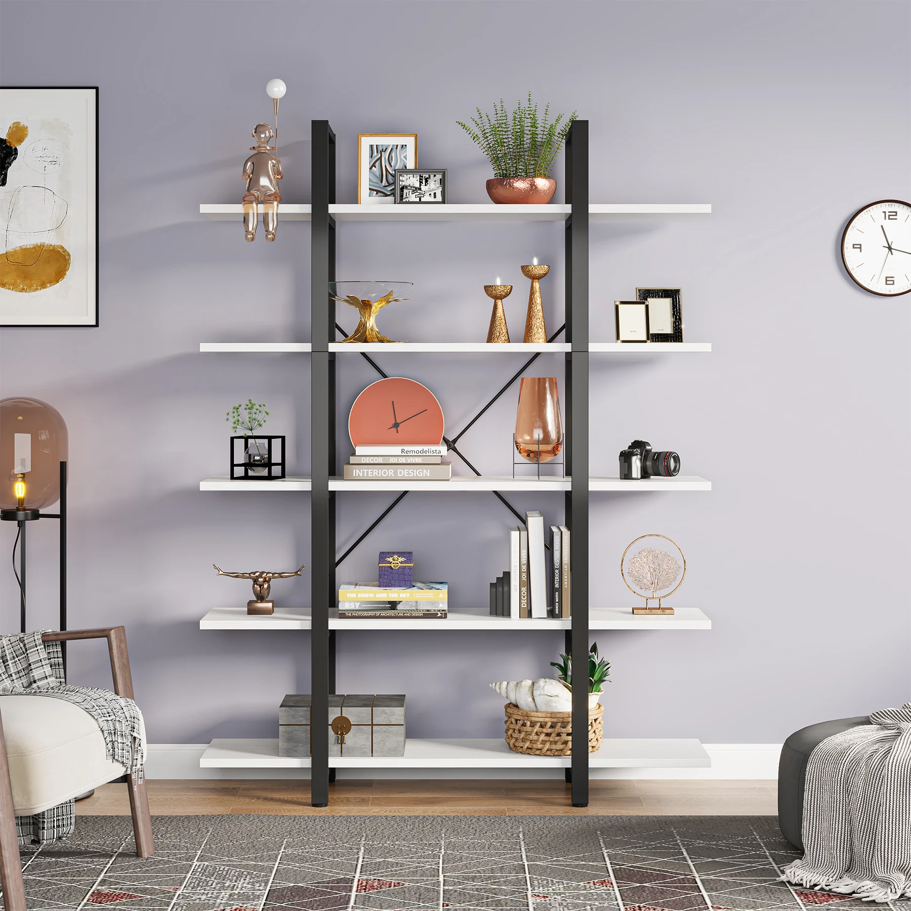 Tribesigns 5-Tier Bookshelf, Vintage Industrial Style Bookcase 72 H x 12 W x 47L Inches