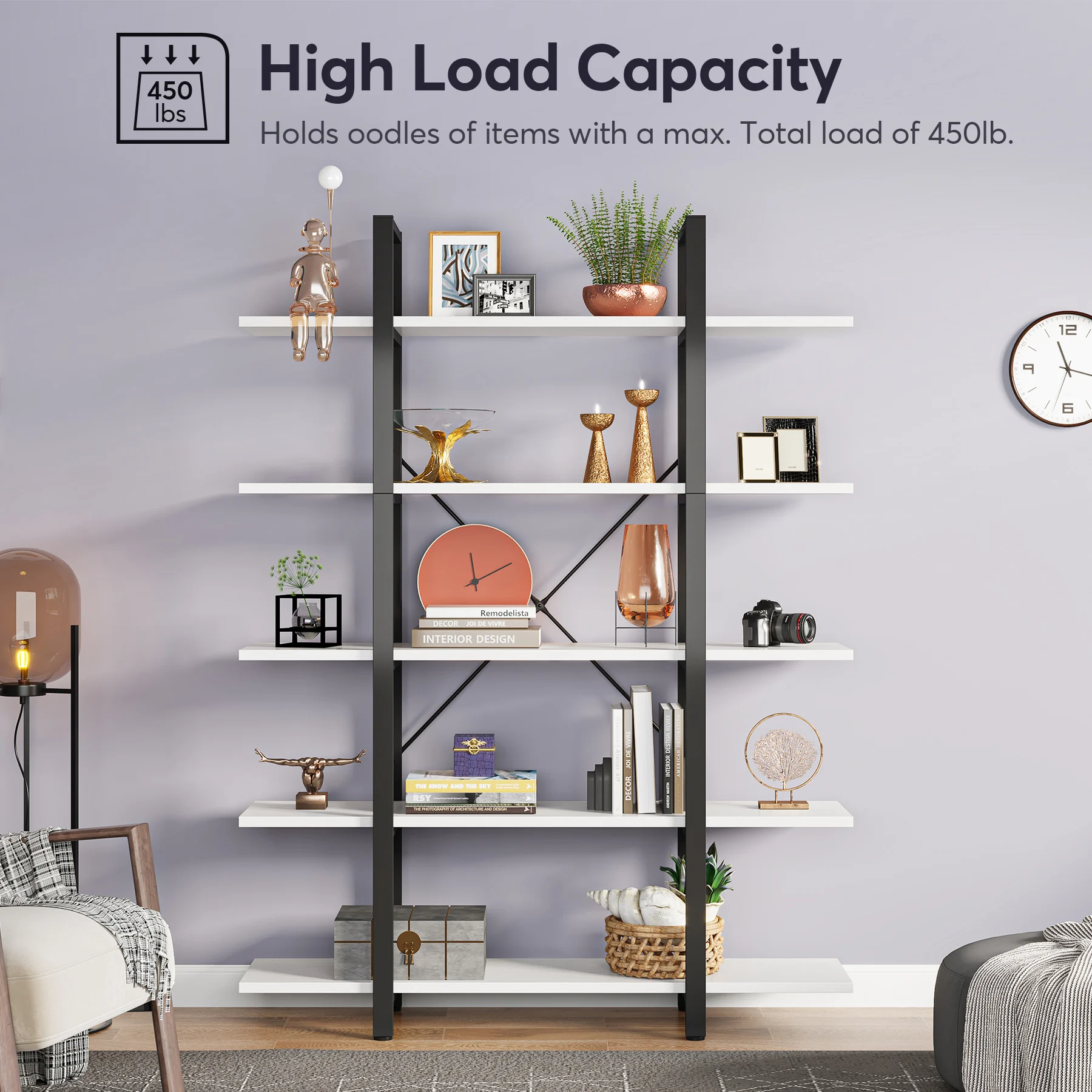 Tribesigns 5-Tier Bookshelf, Vintage Industrial Style Bookcase 72 H x 12 W x 47L Inches