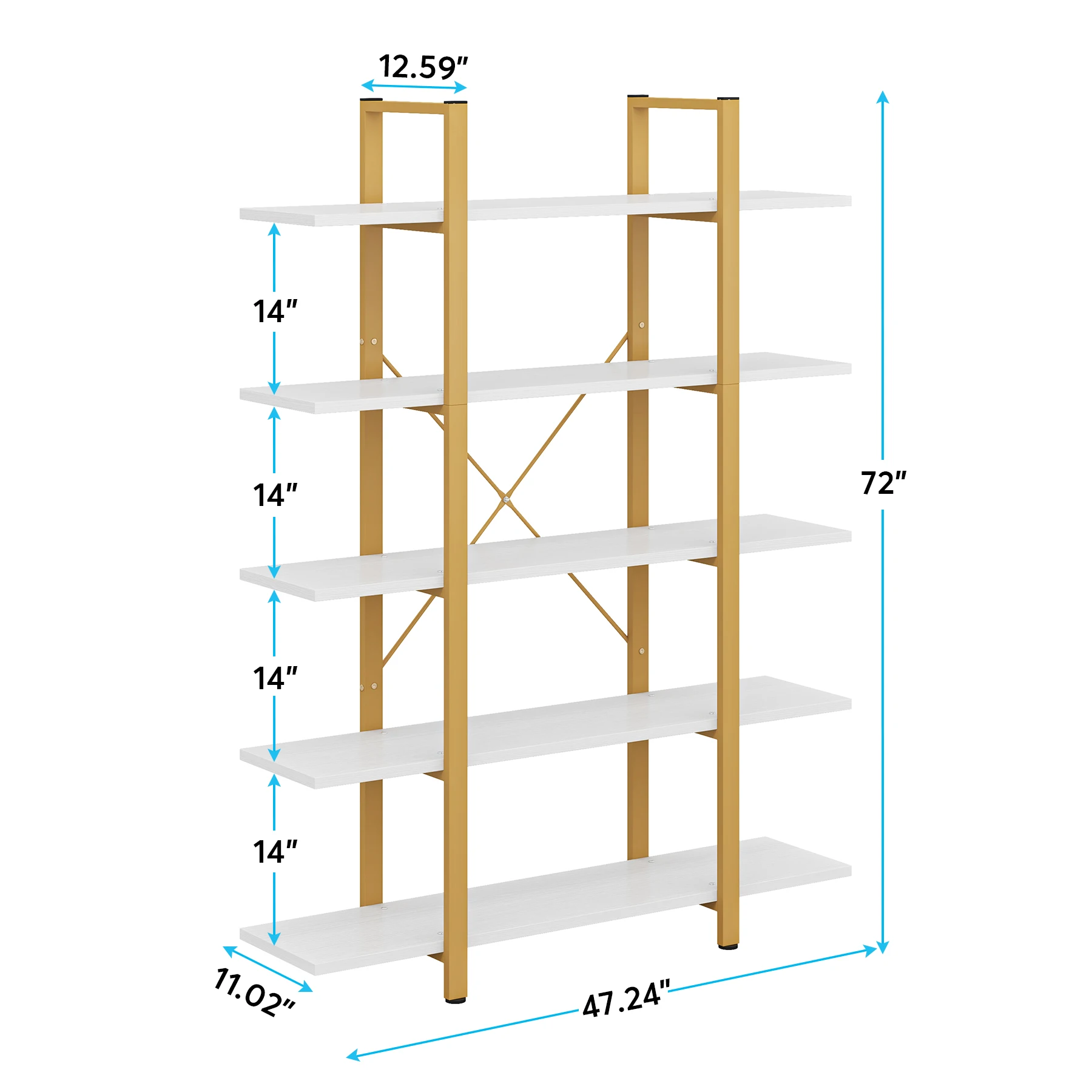 Tribesigns 5-Tier Bookshelf, Vintage Industrial Style Bookcase 72 H x 12 W x 47L Inches