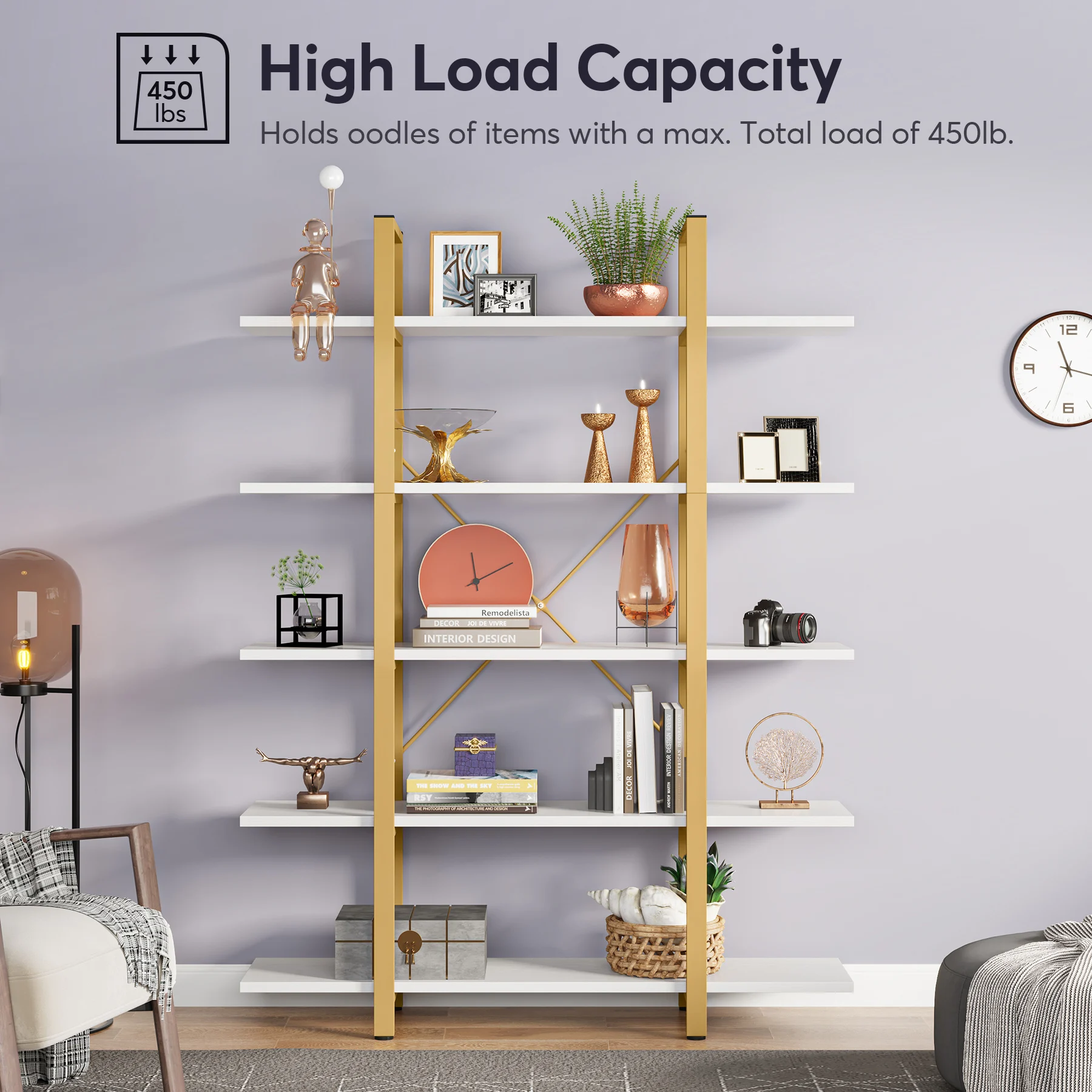 Tribesigns 5-Tier Bookshelf, Vintage Industrial Style Bookcase 72 H x 12 W x 47L Inches