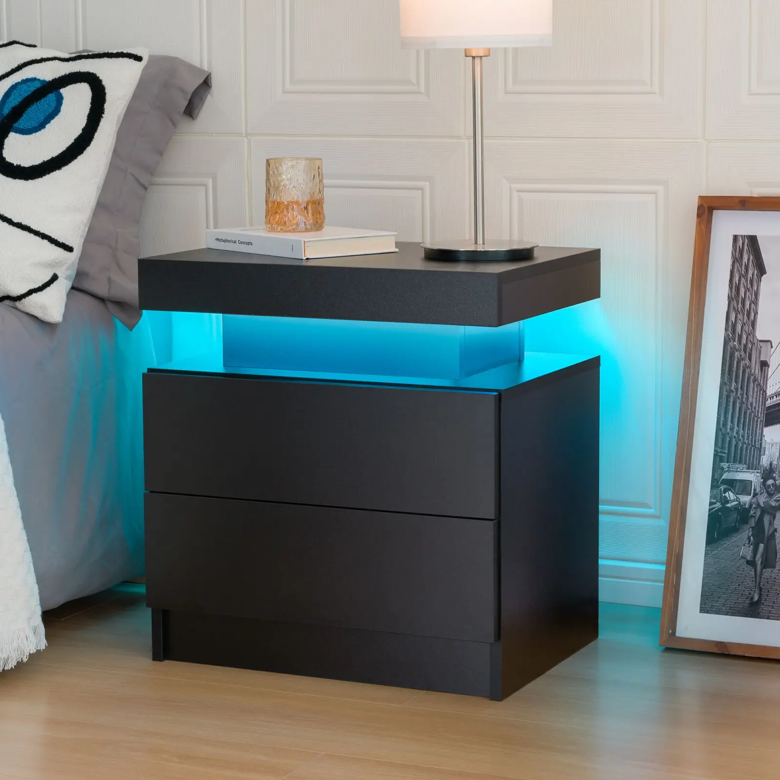 Cubehom LED Nightstands with 2 Drawers, End Table with RGB LED Lights for Bedroom Living Room, White Bedside Table