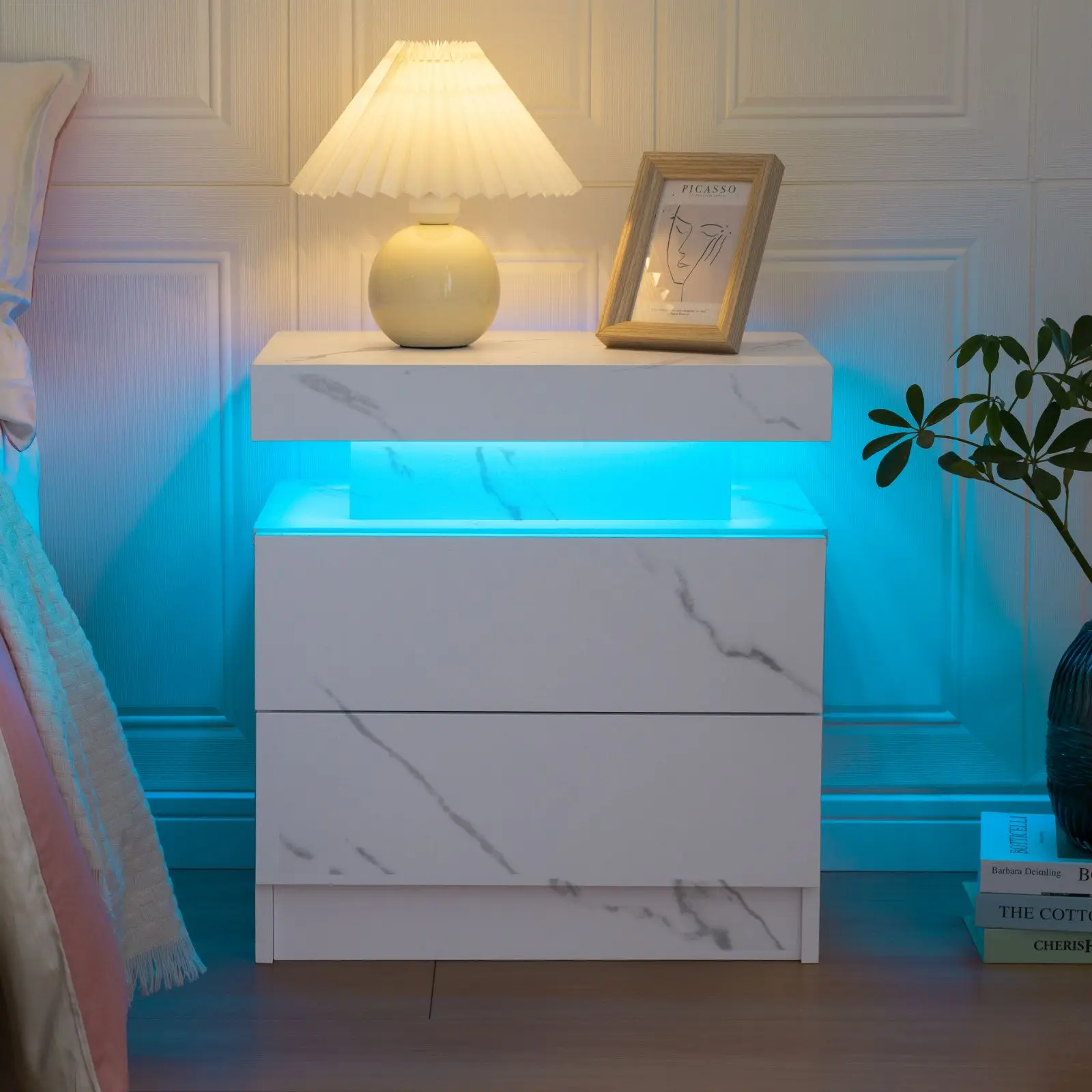 Cubehom LED Nightstands with 2 Drawers, End Table with RGB LED Lights for Bedroom Living Room, White Bedside Table